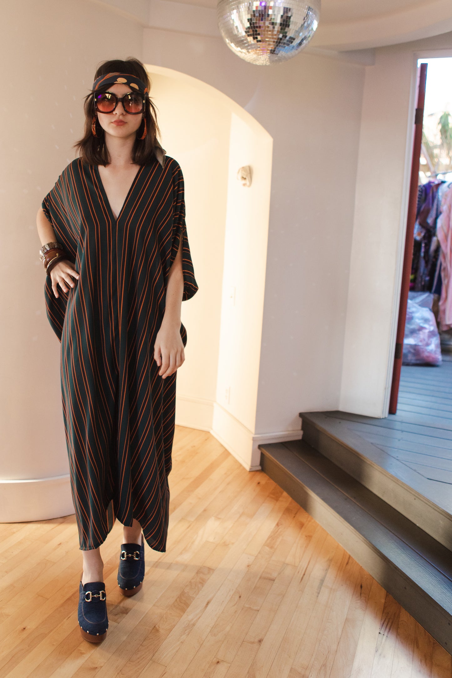 jennafer grace Dominique caftan forest green navy mustard yellow orange vertically striped retro 1970s 70s revival bold stripes kaftan mumu shift dress coverup casual boho bohemian hippie beach resort spa lounge loungewear layering unisex handmade in California USA
