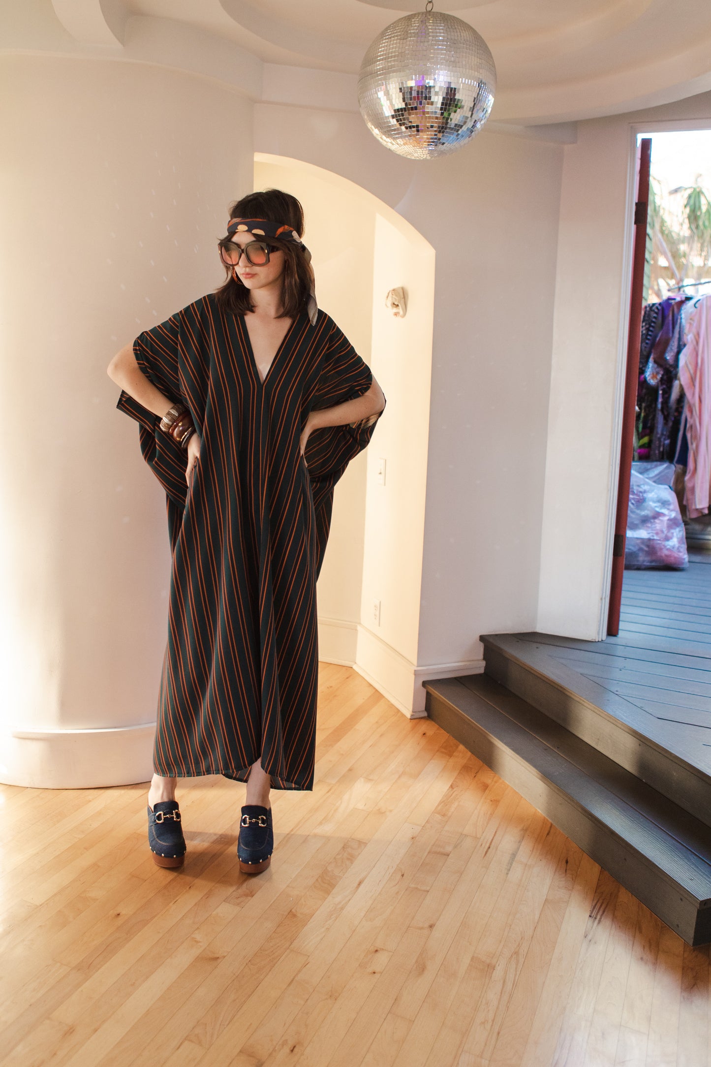 jennafer grace Dominique caftan forest green navy mustard yellow orange vertically striped retro 1970s 70s revival bold stripes kaftan mumu shift dress coverup casual boho bohemian hippie beach resort spa lounge loungewear layering unisex handmade in California USA