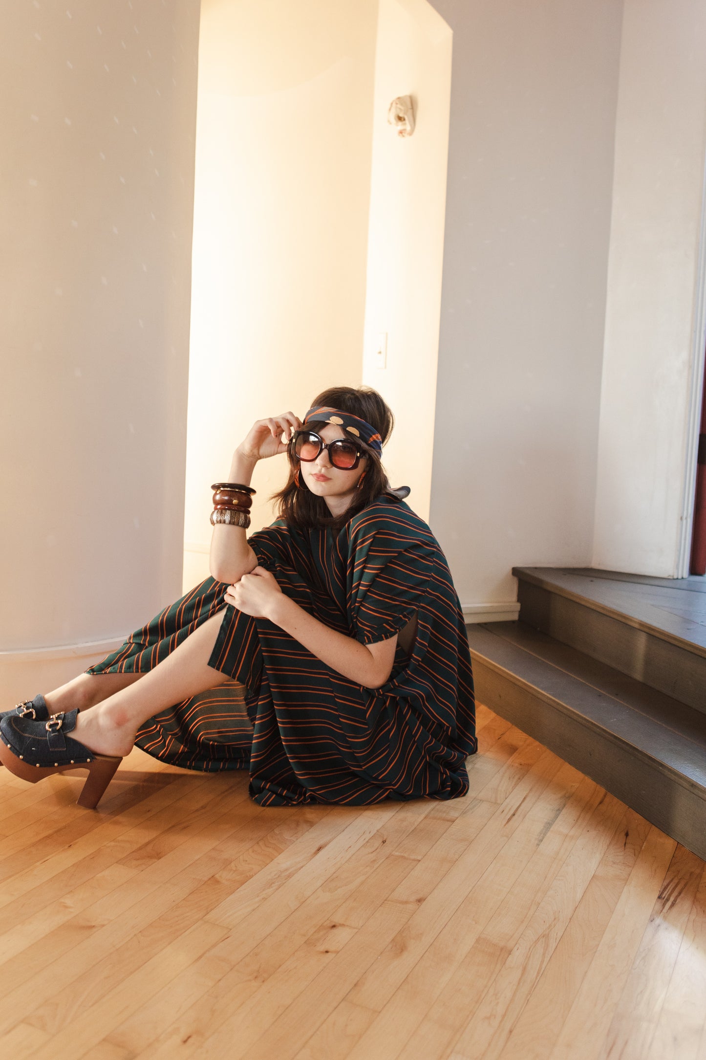 jennafer grace Dominique caftan forest green navy mustard yellow orange vertically striped retro 1970s 70s revival bold stripes kaftan mumu shift dress coverup casual boho bohemian hippie beach resort spa lounge loungewear layering unisex handmade in California USA