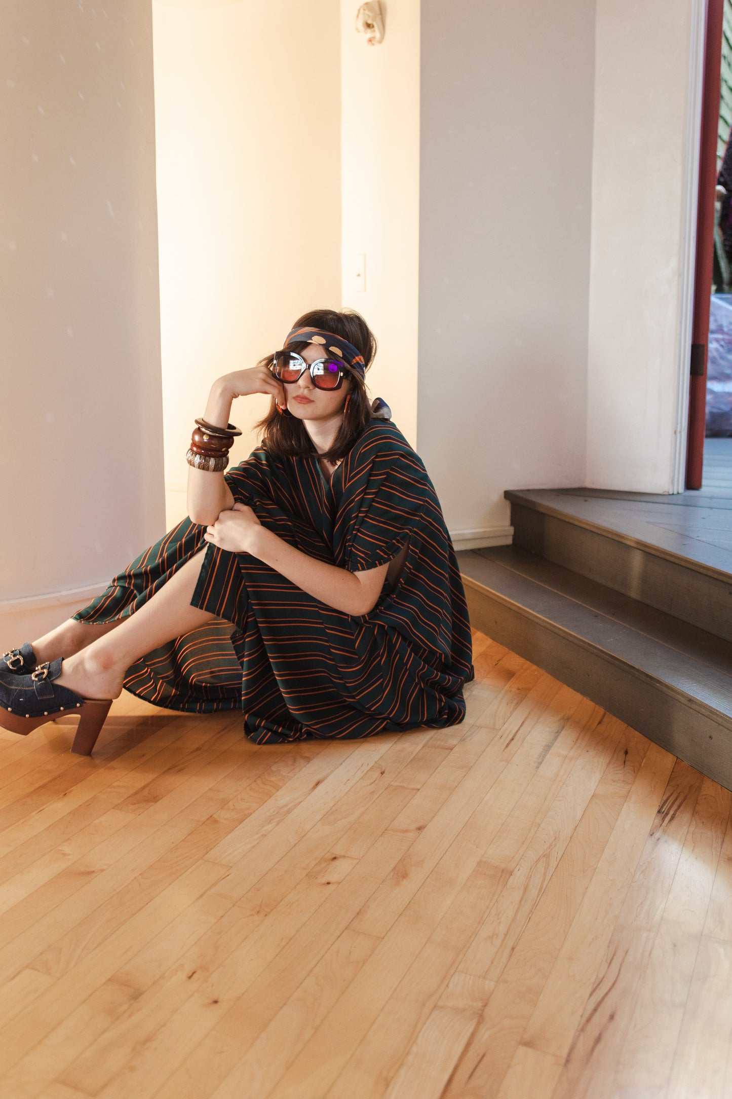 jennafer grace Dominique caftan forest green navy mustard yellow orange vertically striped retro 1970s 70s revival bold stripes kaftan mumu shift dress coverup casual boho bohemian hippie beach resort spa lounge loungewear layering unisex handmade in California USA