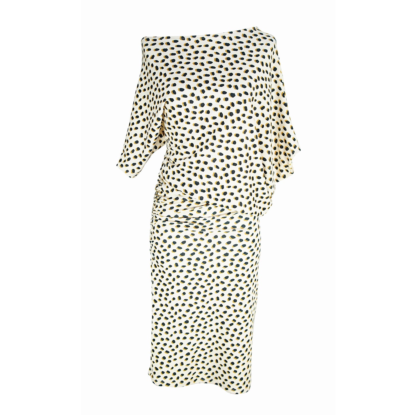 jennafer grace Dottie Cat angle dress evening wear cocktail midi dress off shoulder one shoulder boat neck simple sexy cheetah dalmatian dot print boho bohemian hippie handmade in california usa
