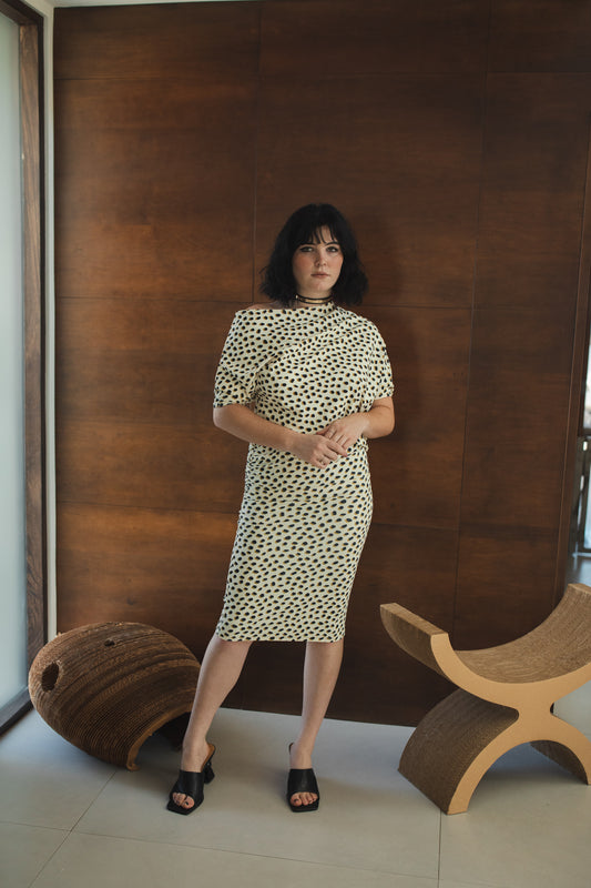 jennafer grace Dottie Cat angle dress evening wear cocktail midi dress off shoulder one shoulder boat neck simple sexy cheetah dalmatian dot print boho bohemian hippie handmade in california usa