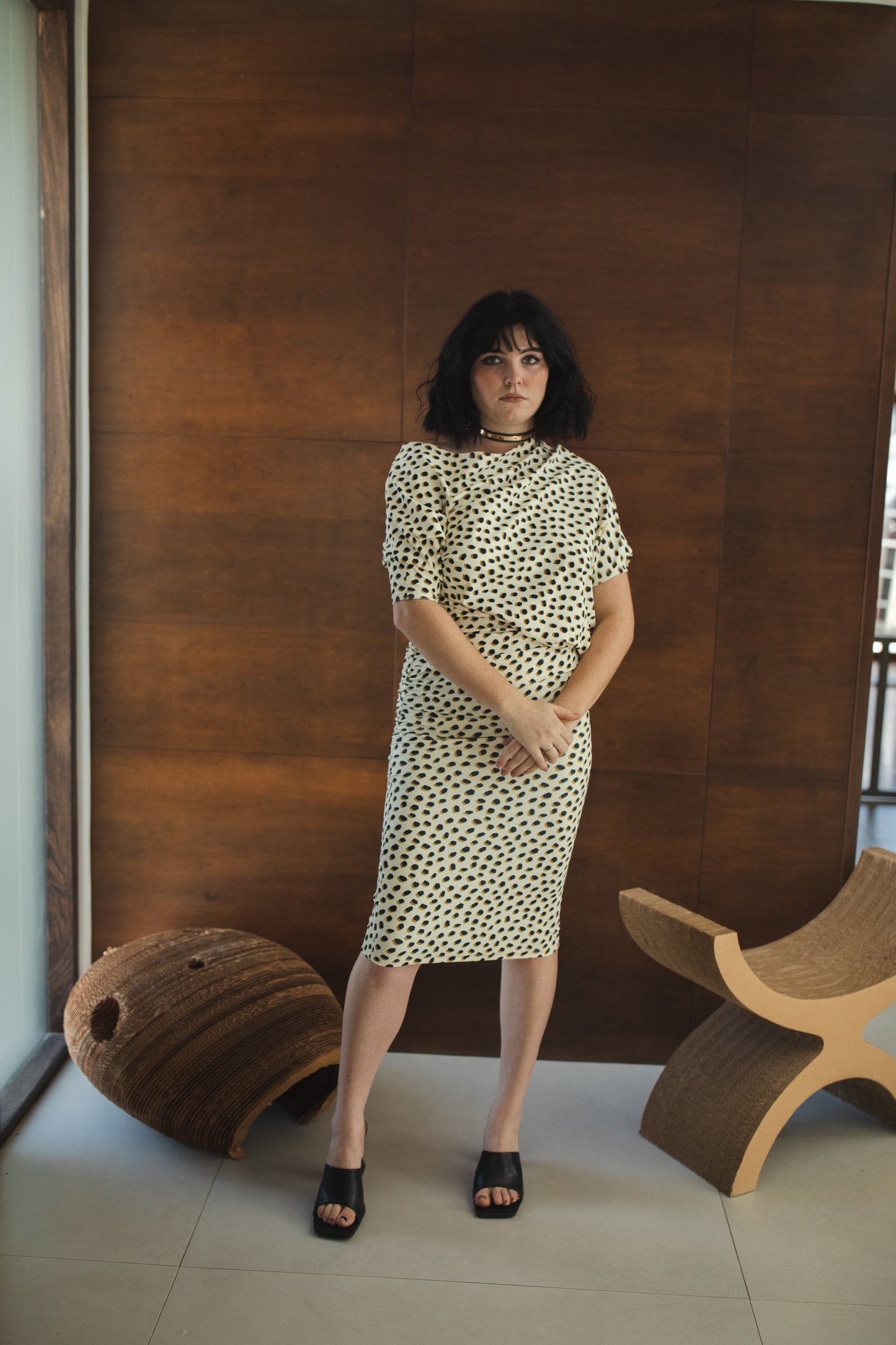 jennafer grace Dottie Cat angle dress evening wear cocktail midi dress off shoulder one shoulder boat neck simple sexy cheetah dalmatian dot print boho bohemian hippie handmade in california usa