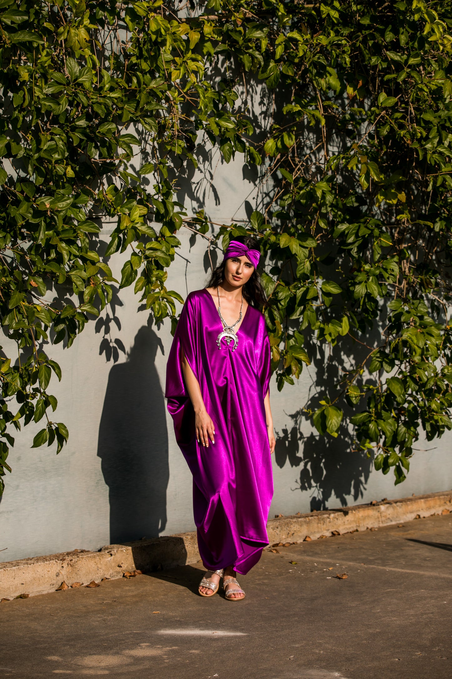 jennafer grace Electric Fuchsia caftan hot pink silky slinky magenta kaftan mumu shift dress coverup casual boho bohemian hippie beach resort spa lounge loungewear layering unisex handmade in California USA