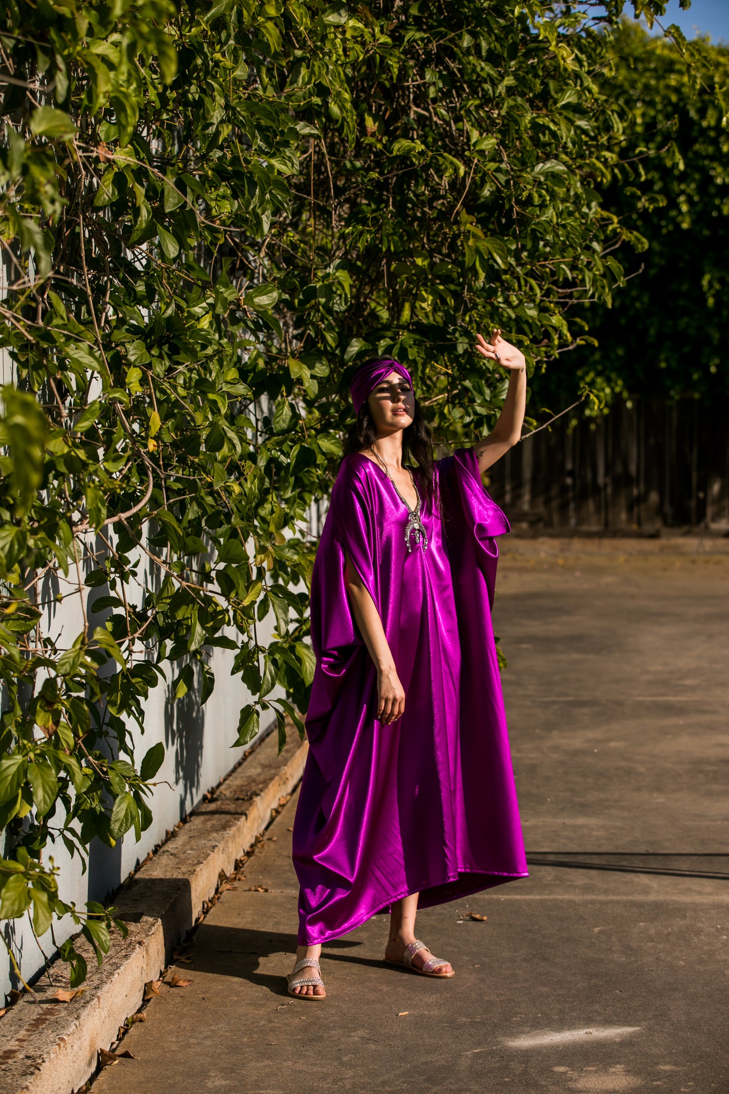 jennafer grace Electric Fuchsia caftan hot pink silky slinky magenta kaftan mumu shift dress coverup casual boho bohemian hippie beach resort spa lounge loungewear layering unisex handmade in California USA