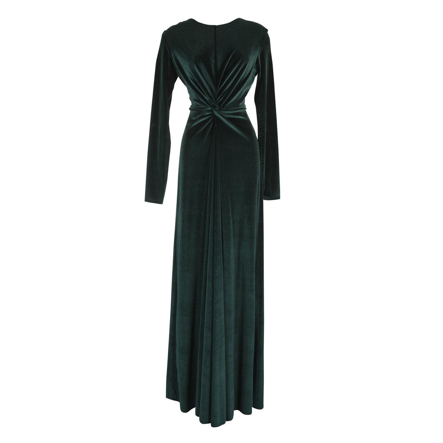 A stunning floor-length emerald velvet dress with long sleeves, elastic and a flattering knot detail at the waist.