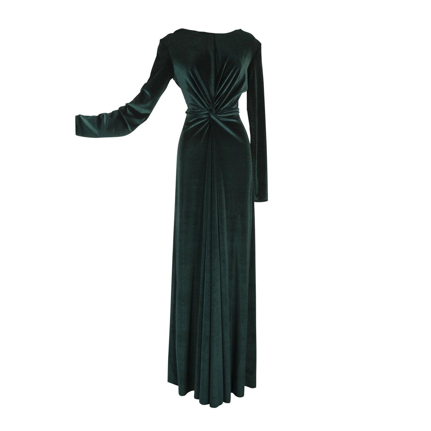 A stunning floor-length emerald velvet dress with long sleeves, elastic and a flattering knot detail at the waist.