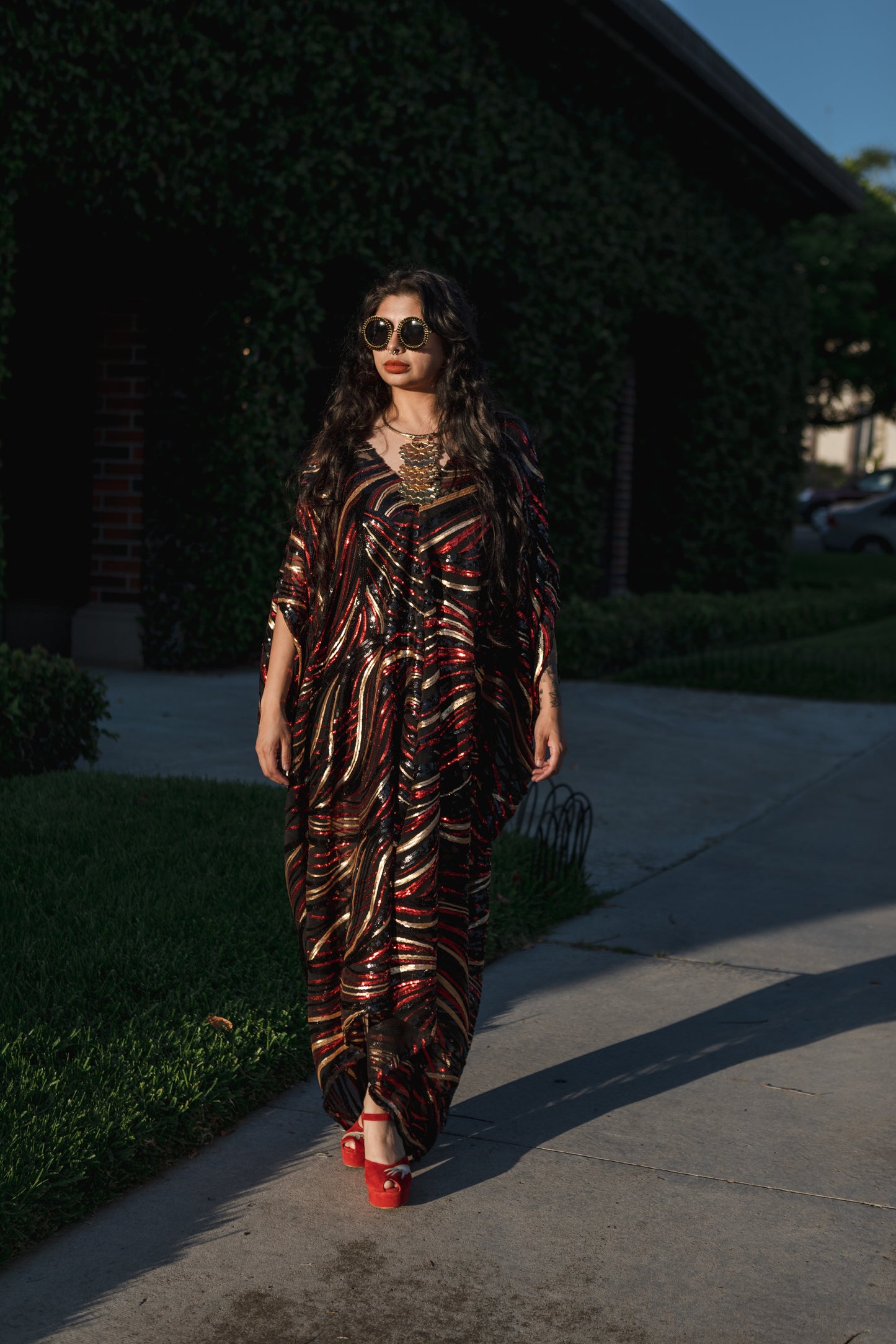 jennafer grace Esmeralda Sequined caftan shiny shimmery glittering red gold silver art deco sequin kaftan mumu shift dress coverup casual boho bohemian hippie beach resort spa lounge loungewear layering unisex handmade in California USA