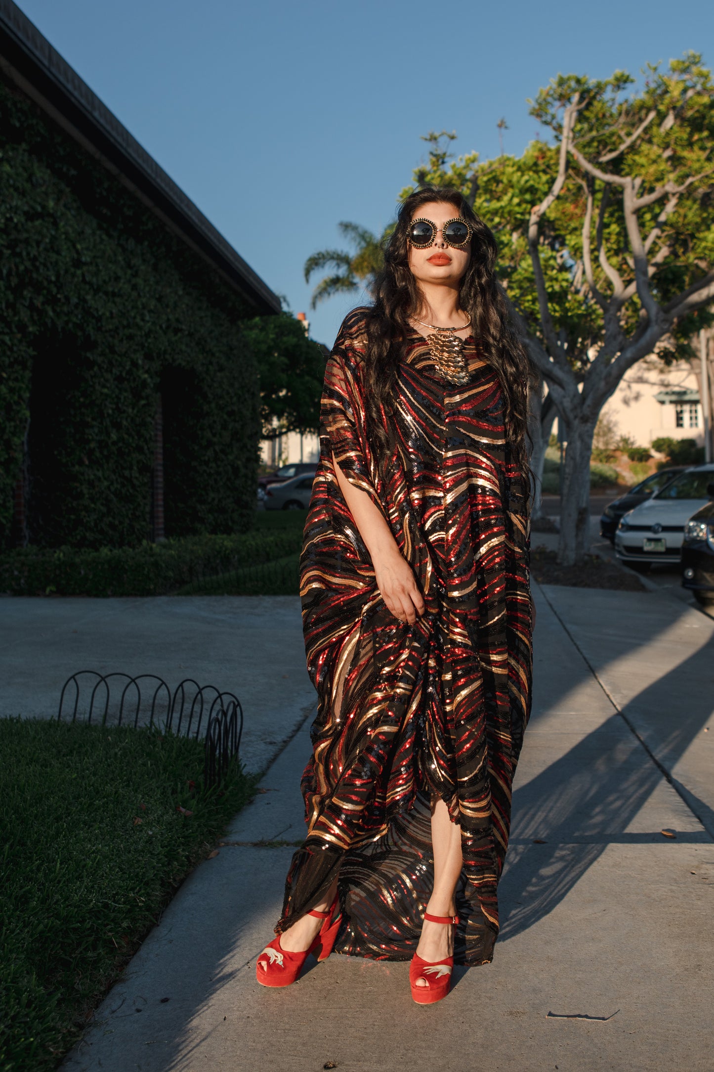 jennafer grace Esmeralda Sequined caftan shiny shimmery glittering red gold silver art deco sequin kaftan mumu shift dress coverup casual boho bohemian hippie beach resort spa lounge loungewear layering unisex handmade in California USA