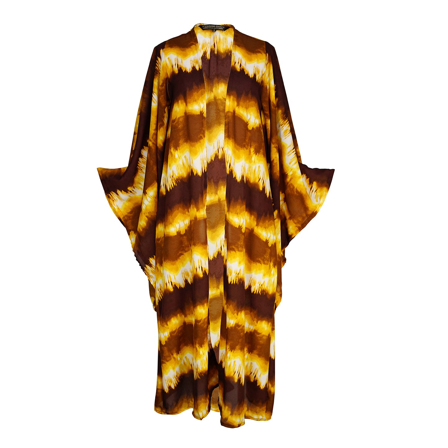 jennafer grace Fireflies kimono retro 70s 1970s yellow brown tie-dye opaque coverup wrap dress with pockets duster jacket robe boho bohemian hippie whimsical romantic beach poolside resort cabana lounge wear unisex handmade in California USA