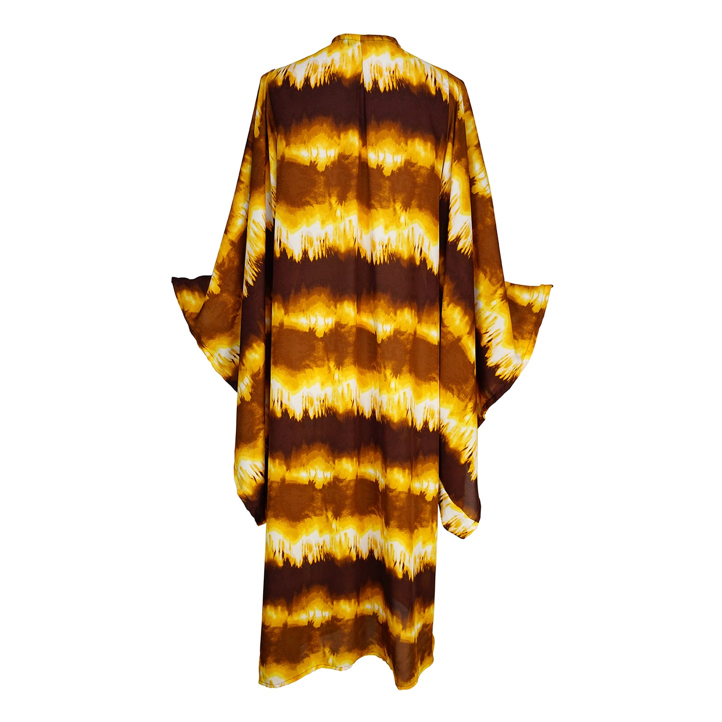 jennafer grace Fireflies kimono retro 70s 1970s yellow brown tie-dye opaque coverup wrap dress with pockets duster jacket robe boho bohemian hippie whimsical romantic beach poolside resort cabana lounge wear unisex handmade in California USA