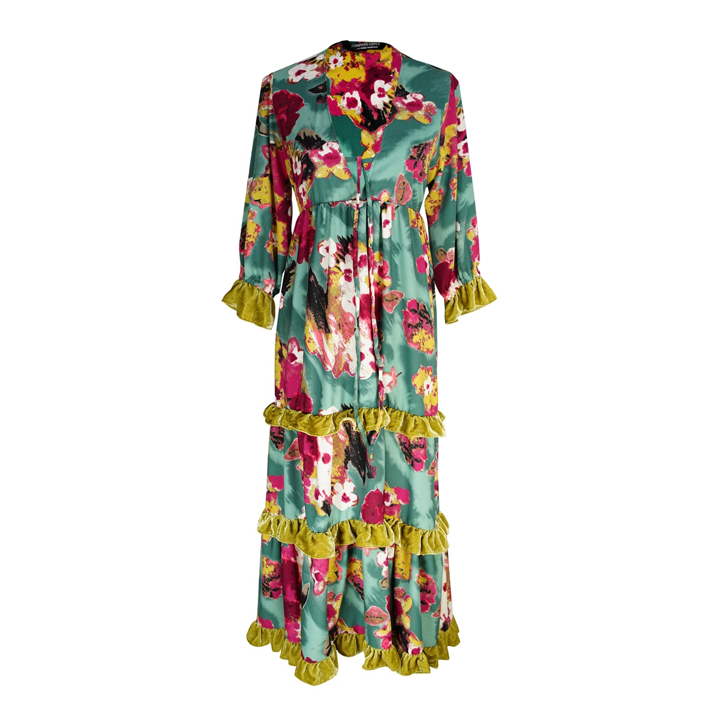 Jennafer Grace Fuchsia Fae Vevlet Ruffle maxi dress blue hot pink fuchsia charteuse green summer dress full circle skirt cuff sleeves boho bohemian hippie romantic whimsical unisex handmade in California USA
