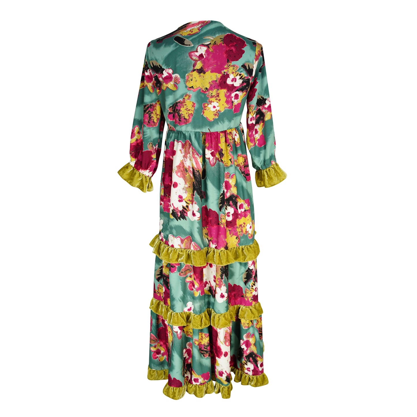 Jennafer Grace Fuchsia Fae Vevlet Ruffle maxi dress blue hot pink fuchsia charteuse green summer dress full circle skirt cuff sleeves boho bohemian hippie romantic whimsical unisex handmade in California USA