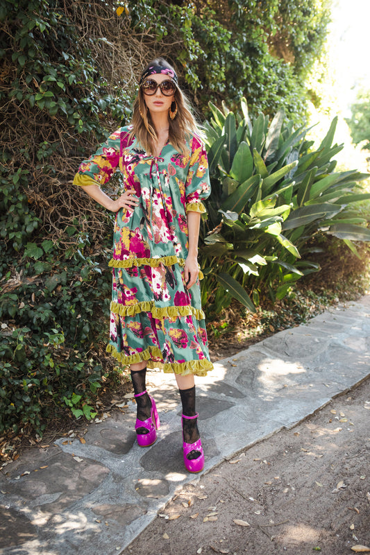 Jennafer Grace Fuchsia Fae Vevlet Ruffle maxi dress blue hot pink fuchsia charteuse green summer dress full circle skirt cuff sleeves boho bohemian hippie romantic whimsical unisex handmade in California USA