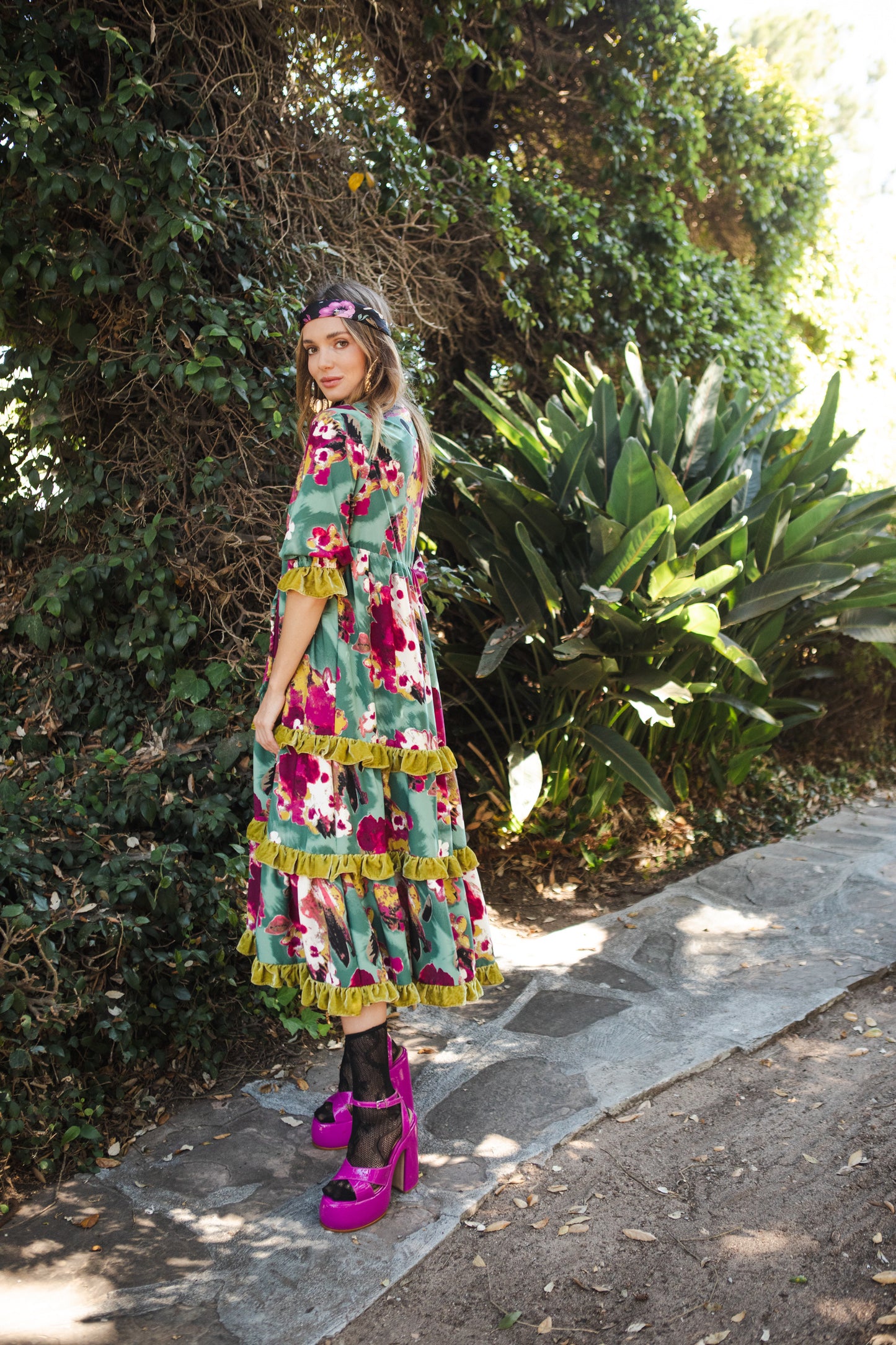 Jennafer Grace Fuchsia Fae Vevlet Ruffle maxi dress blue hot pink fuchsia charteuse green summer dress full circle skirt cuff sleeves boho bohemian hippie romantic whimsical unisex handmade in California USA