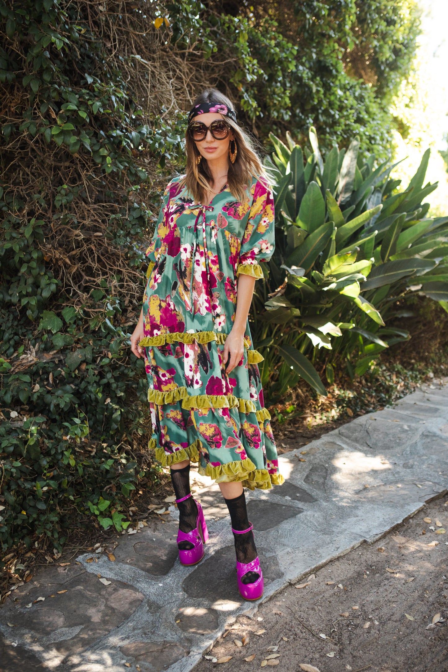 Jennafer Grace Fuchsia Fae Vevlet Ruffle maxi dress blue hot pink fuchsia charteuse green summer dress full circle skirt cuff sleeves boho bohemian hippie romantic whimsical unisex handmade in California USA