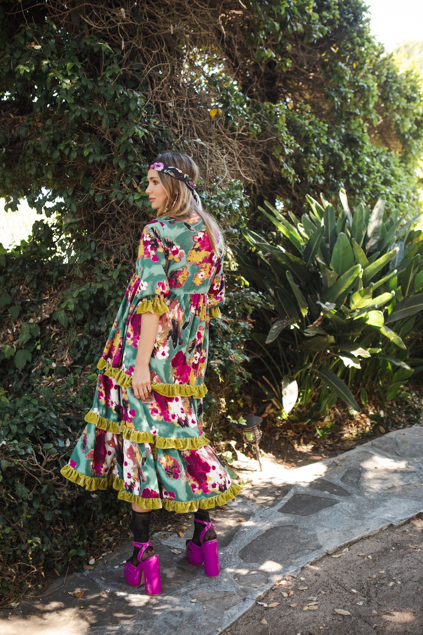 Jennafer Grace Fuchsia Fae Vevlet Ruffle maxi dress blue hot pink fuchsia charteuse green summer dress full circle skirt cuff sleeves boho bohemian hippie romantic whimsical unisex handmade in California USA
