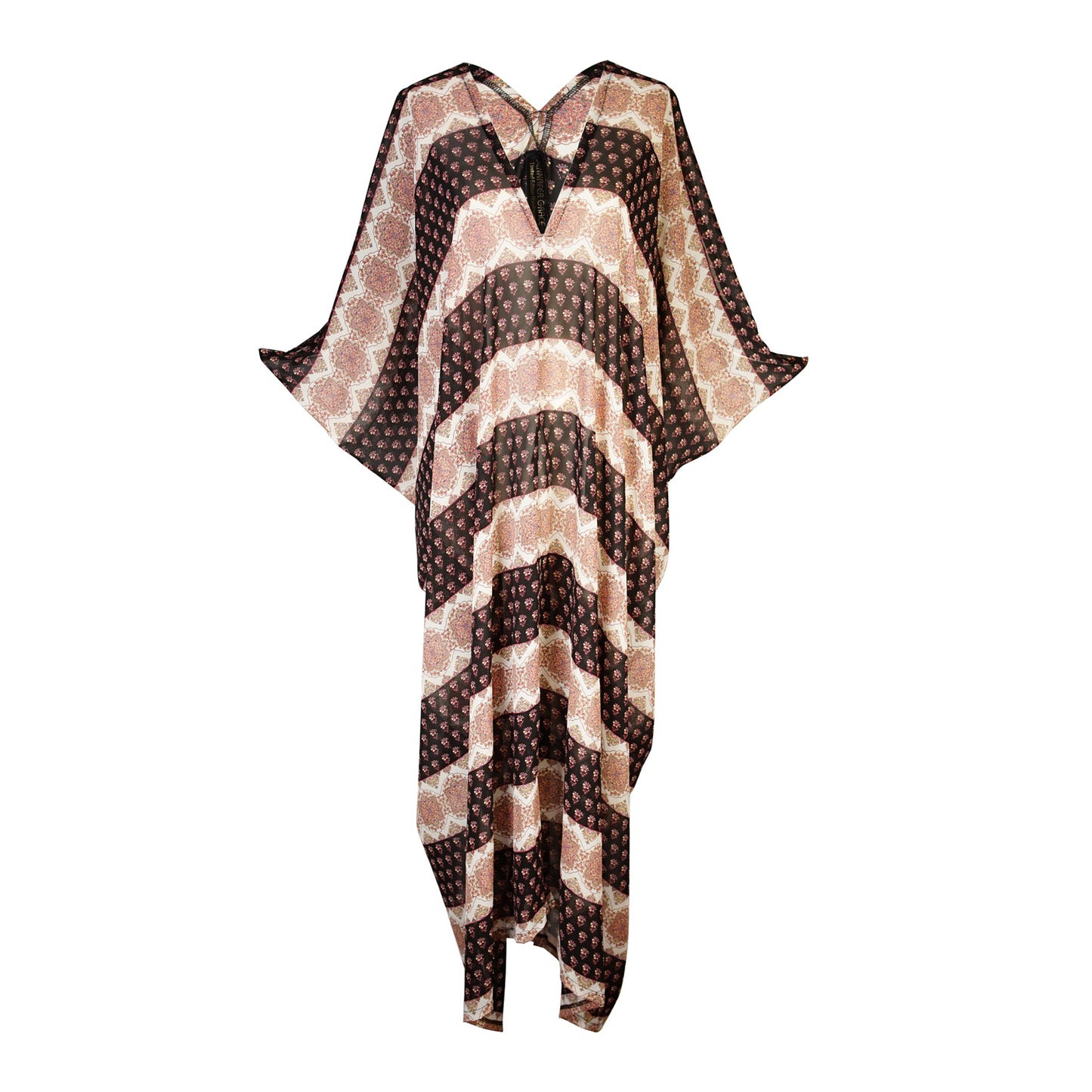 jennafer grace Galadriel brown tan white thick striped print chiffon caftan brown kaftan mumu shift dress coverup casual boho bohemian hippie beach resort spa lounge loungewear layering unisex handmade in California USA