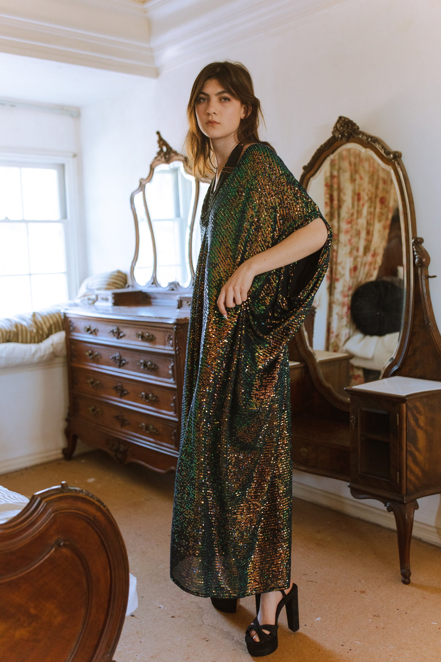 jennafer grace Gryphon Sequin caftan green gold iridescent sequined shimmer kaftan mumu shift dress swimsuit coverup casual Studio 54 boho bohemian hippie beach resort spa lounge loungewear layering unisex handmade in California USA