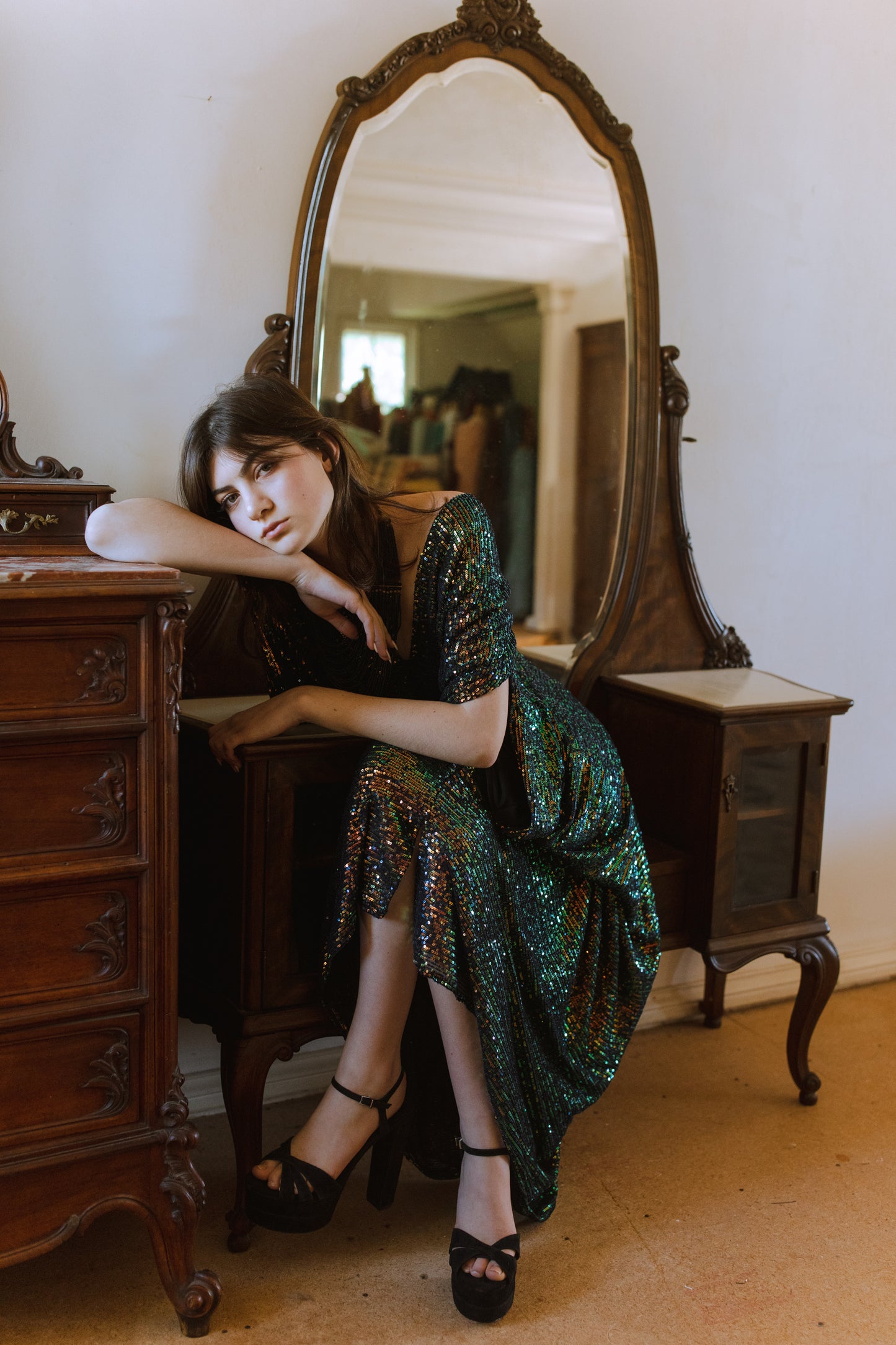 jennafer grace Gryphon Sequin caftan green gold iridescent sequined shimmer kaftan mumu shift dress swimsuit coverup casual Studio 54 boho bohemian hippie beach resort spa lounge loungewear layering unisex handmade in California USA