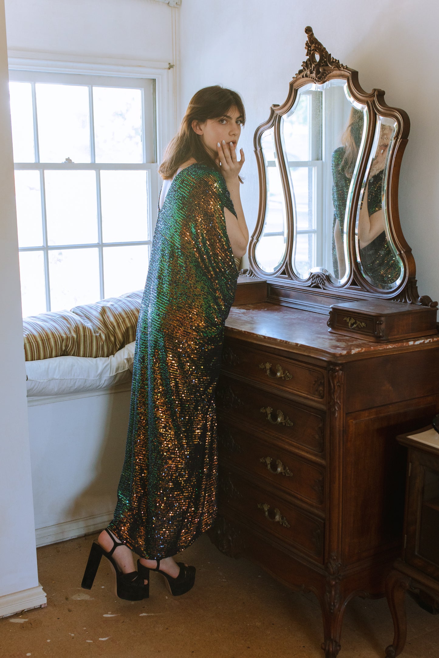 jennafer grace Gryphon Sequin caftan green gold iridescent sequined shimmer kaftan mumu shift dress swimsuit coverup casual Studio 54 boho bohemian hippie beach resort spa lounge loungewear layering unisex handmade in California USA