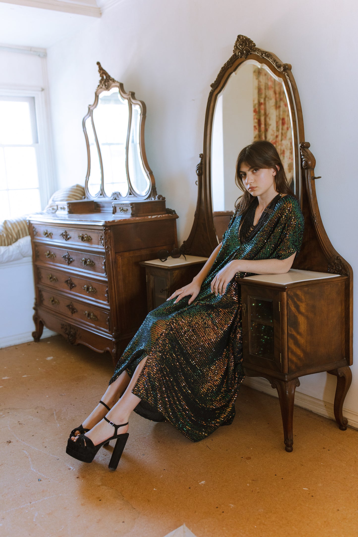 jennafer grace Gryphon Sequin caftan green gold iridescent sequined shimmer kaftan mumu shift dress swimsuit coverup casual Studio 54 boho bohemian hippie beach resort spa lounge loungewear layering unisex handmade in California USA