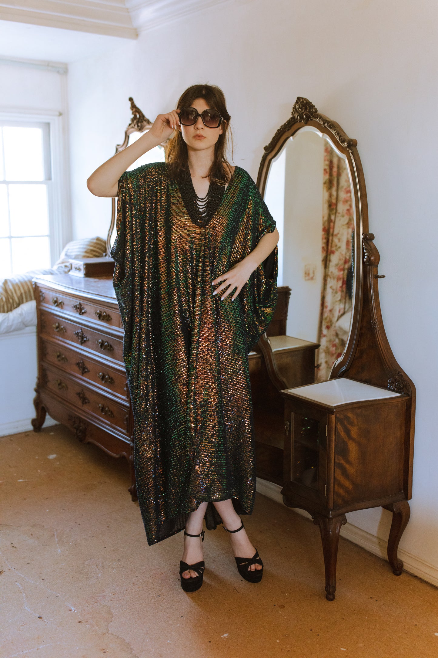 jennafer grace Gryphon Sequin caftan green gold iridescent sequined shimmer kaftan mumu shift dress swimsuit coverup casual Studio 54 boho bohemian hippie beach resort spa lounge loungewear layering unisex handmade in California USA