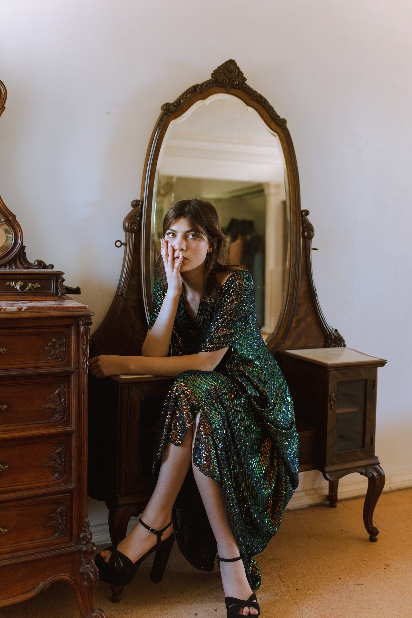 jennafer grace Gryphon Sequin caftan green gold iridescent sequined shimmer kaftan mumu shift dress swimsuit coverup casual Studio 54 boho bohemian hippie beach resort spa lounge loungewear layering unisex handmade in California USA