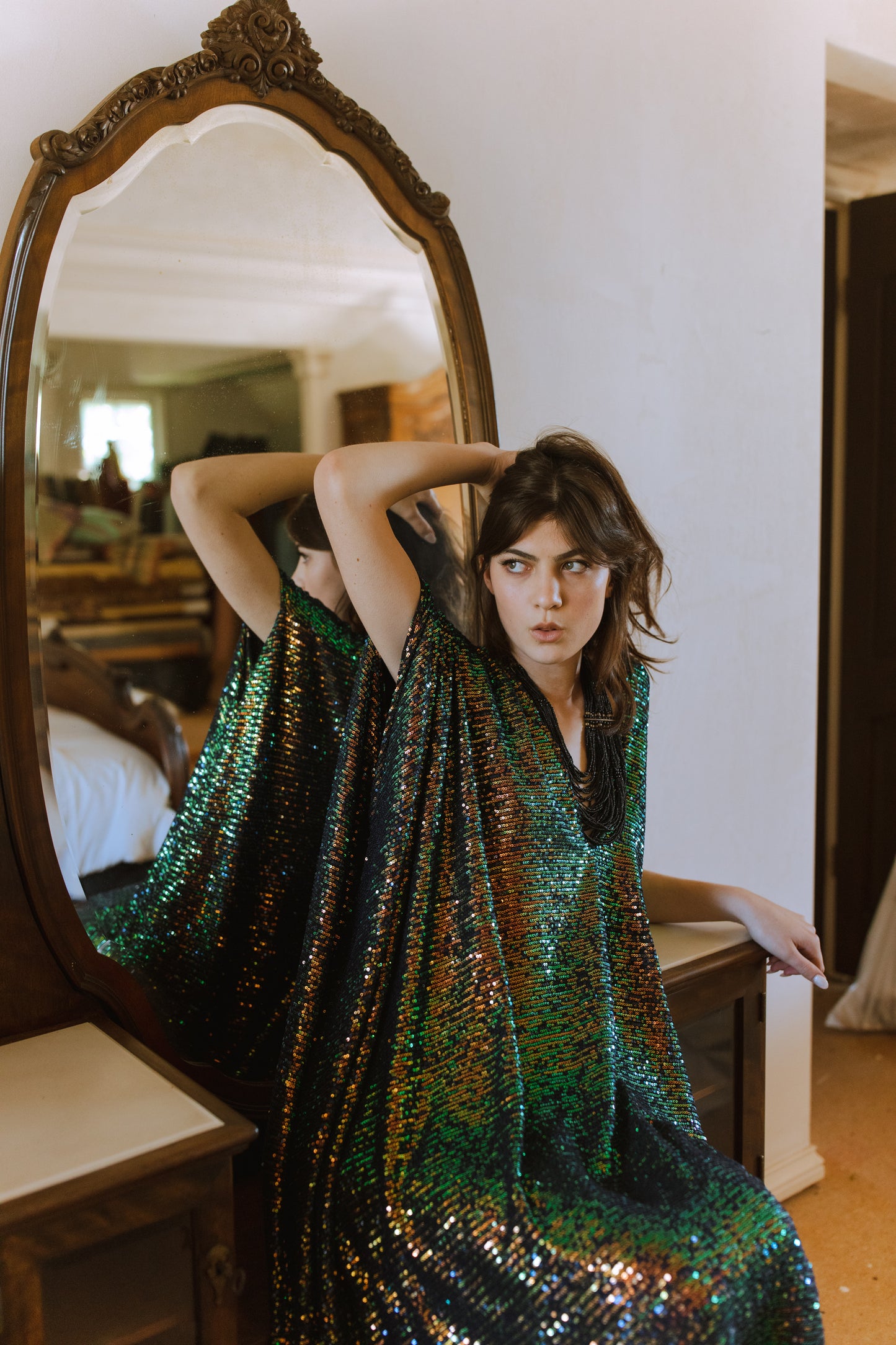 jennafer grace Gryphon Sequin caftan green gold iridescent sequined shimmer kaftan mumu shift dress swimsuit coverup casual Studio 54 boho bohemian hippie beach resort spa lounge loungewear layering unisex handmade in California USA