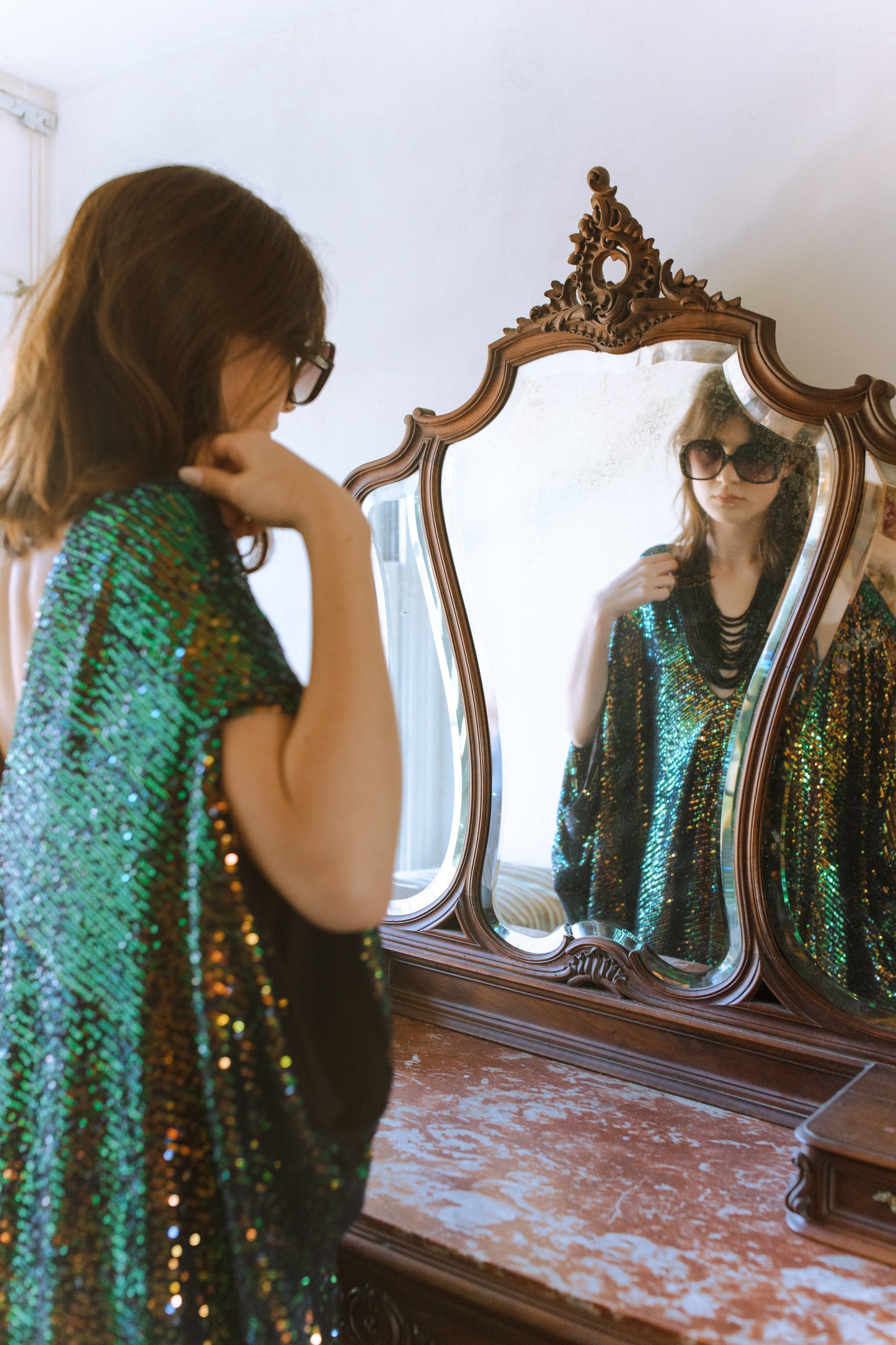 jennafer grace Gryphon Sequin caftan green gold iridescent sequined shimmer kaftan mumu shift dress swimsuit coverup casual Studio 54 boho bohemian hippie beach resort spa lounge loungewear layering unisex handmade in California USA