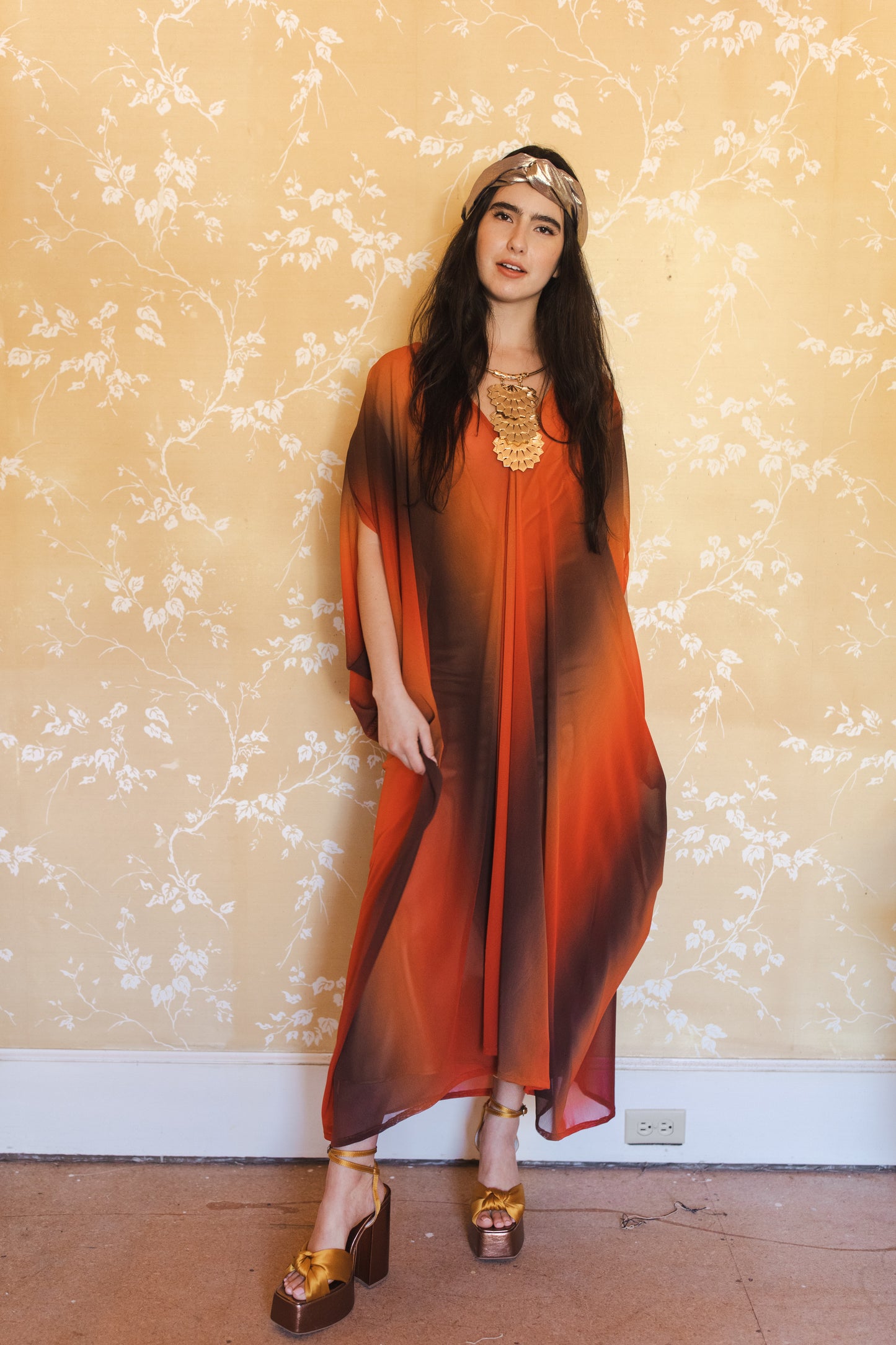 jennafer grace Hades Ombre caftan orange charcoal black wide hazy vertical stripe kaftan mumu shift dress swimsuit coverup casual boho bohemian hippie beach resort spa lounge loungewear layering unisex handmade in California USA