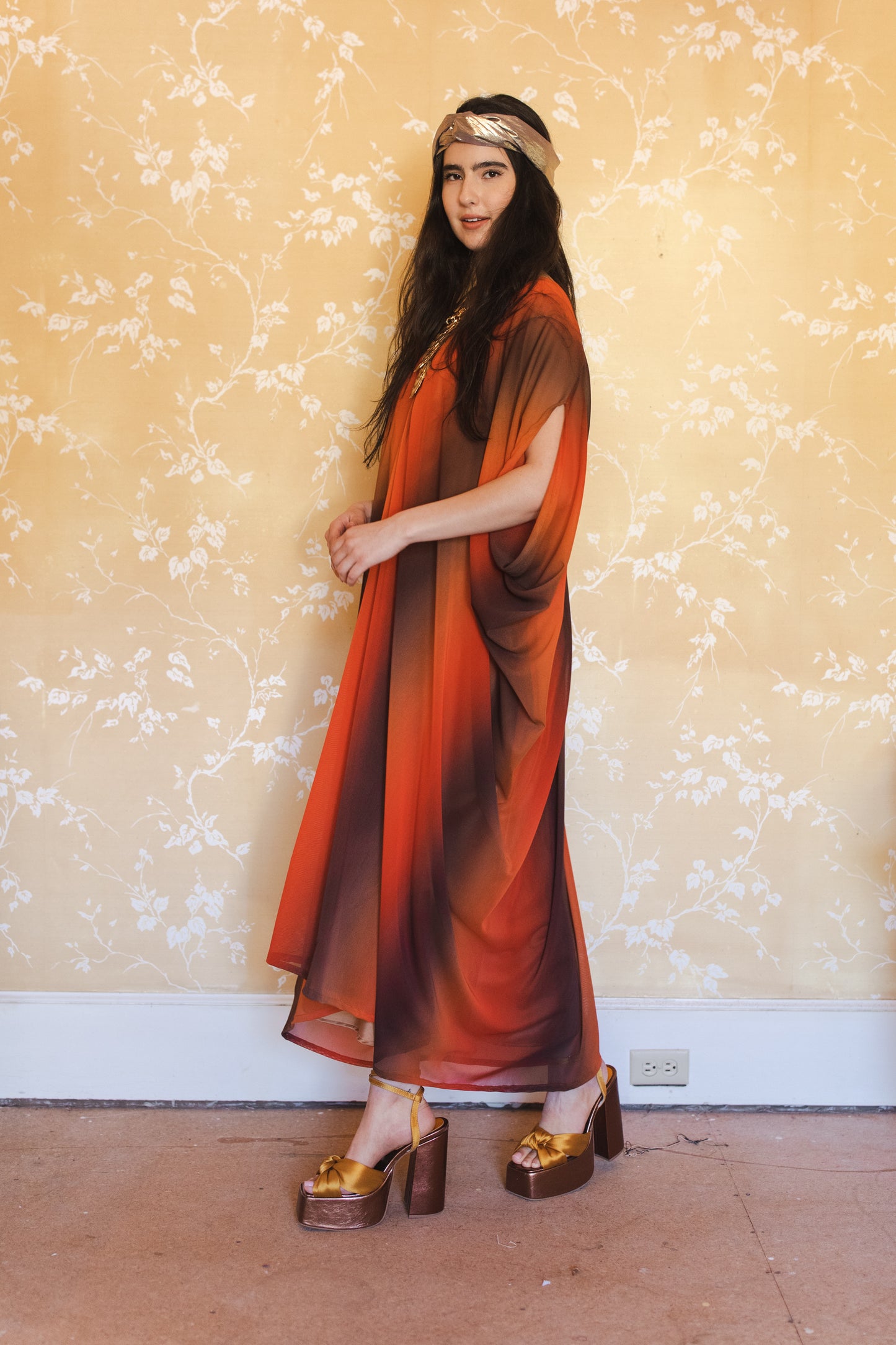 jennafer grace Hades Ombre caftan orange charcoal black wide hazy vertical stripe kaftan mumu shift dress swimsuit coverup casual boho bohemian hippie beach resort spa lounge loungewear layering unisex handmade in California USA