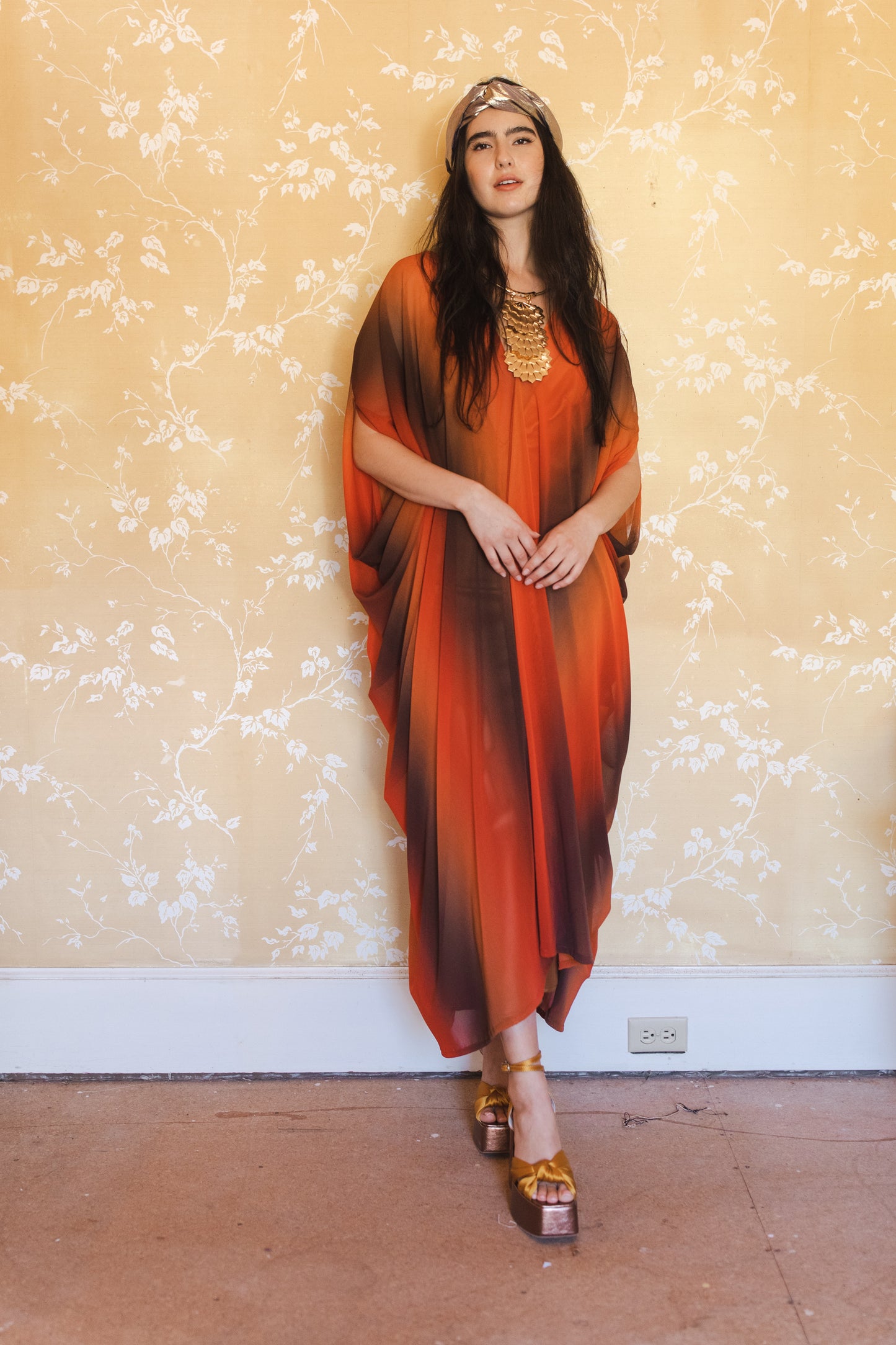 jennafer grace Hades Ombre caftan orange charcoal black wide hazy vertical stripe kaftan mumu shift dress swimsuit coverup casual boho bohemian hippie beach resort spa lounge loungewear layering unisex handmade in California USA