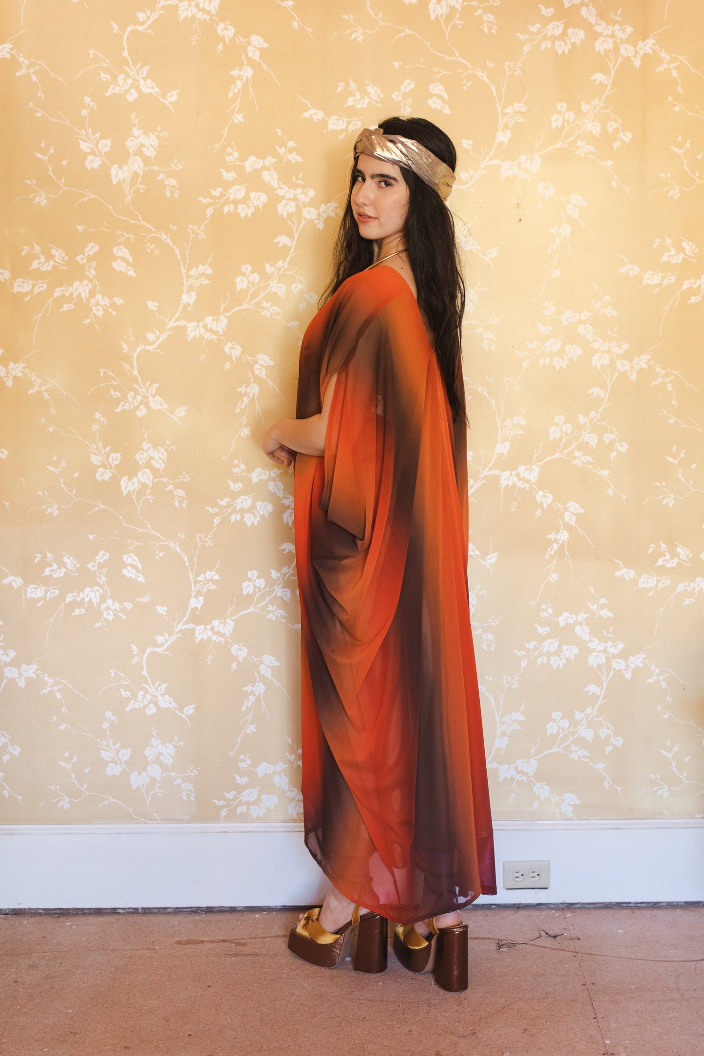 jennafer grace Hades Ombre caftan orange charcoal black wide hazy vertical stripe kaftan mumu shift dress swimsuit coverup casual boho bohemian hippie beach resort spa lounge loungewear layering unisex handmade in California USA
