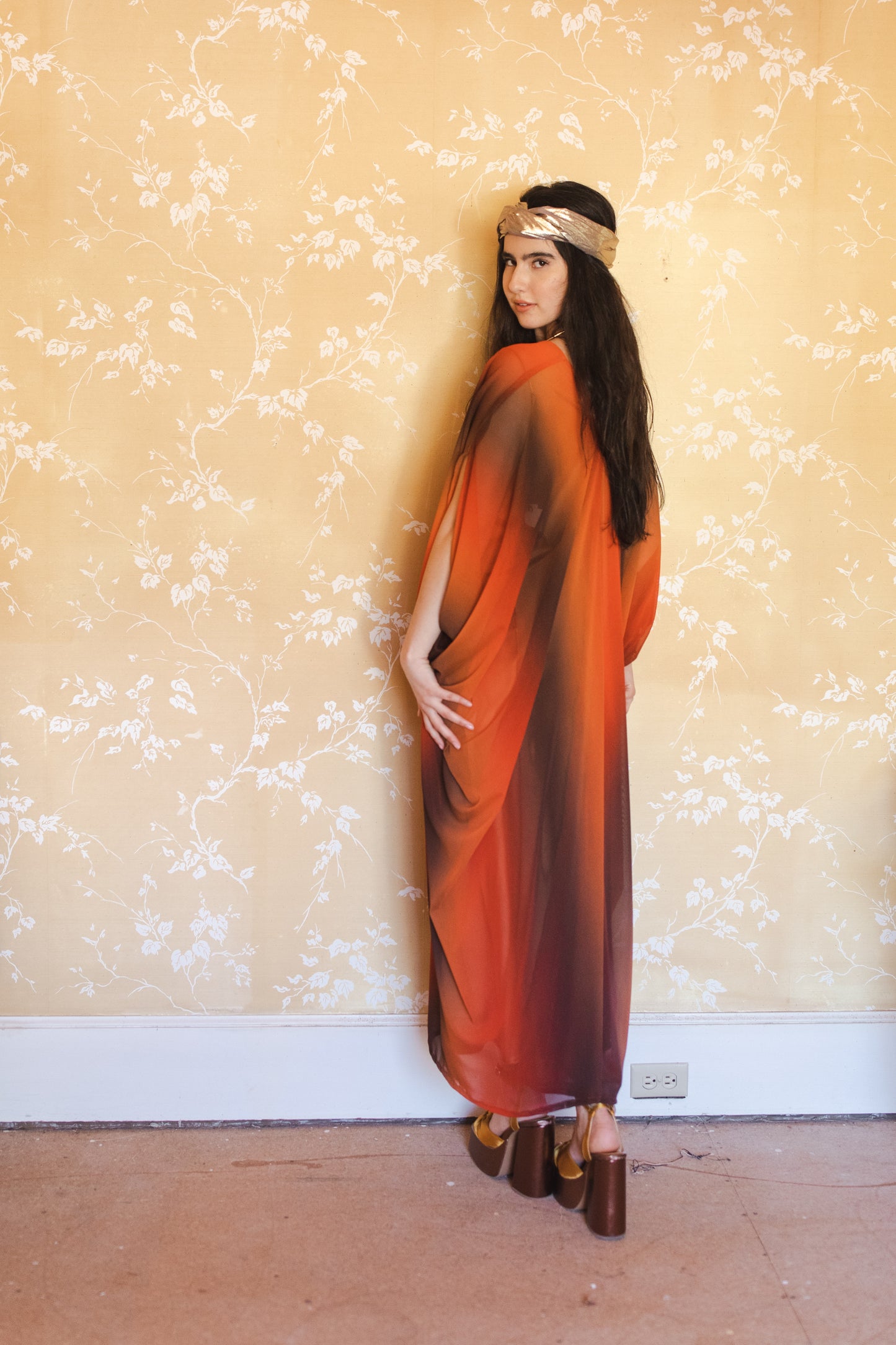 jennafer grace Hades Ombre caftan orange charcoal black wide hazy vertical stripe kaftan mumu shift dress swimsuit coverup casual boho bohemian hippie beach resort spa lounge loungewear layering unisex handmade in California USA
