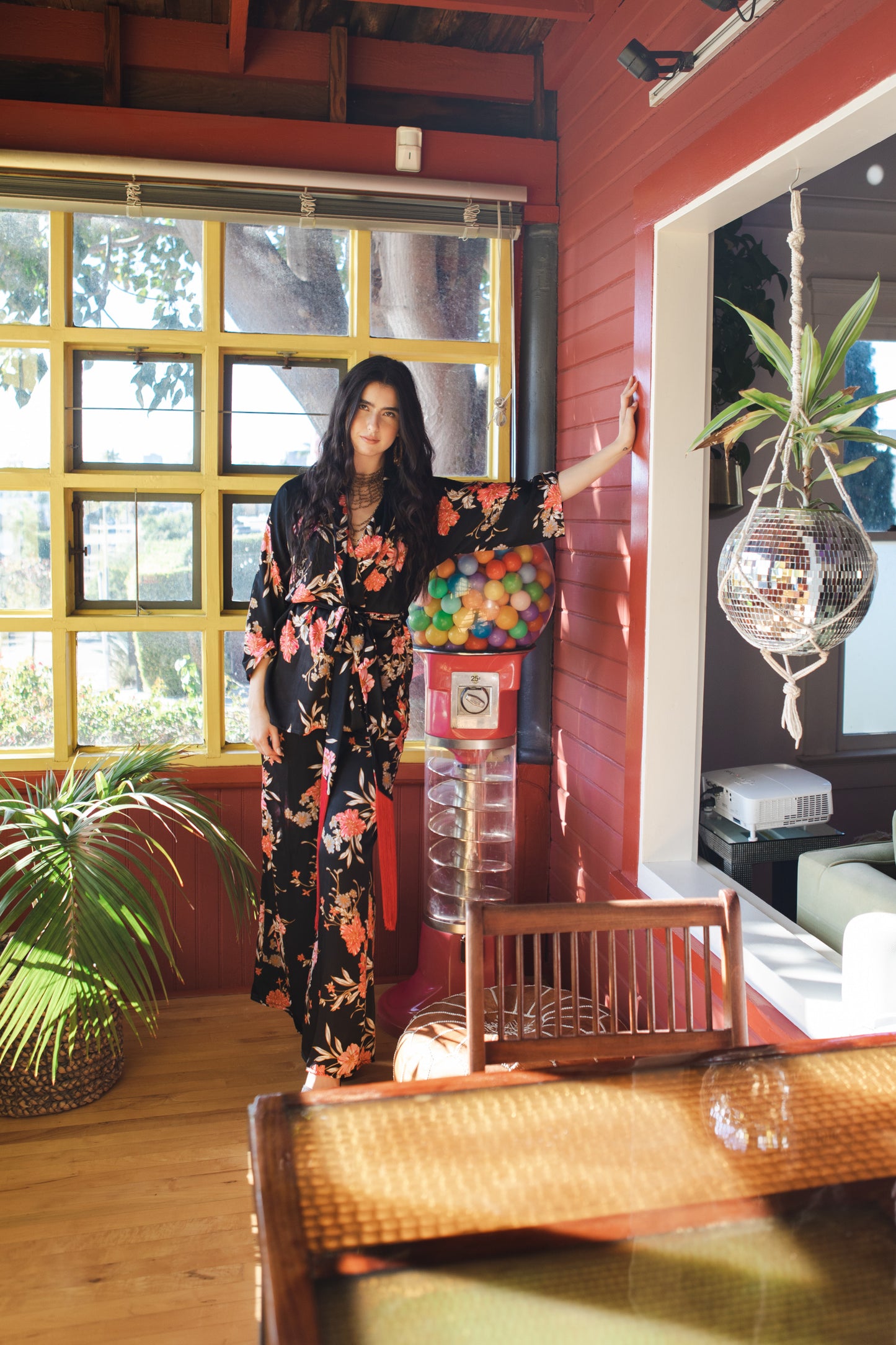 jennafer grace Harlowe dolman palazzo set silky black georgette with vibrant pink red orange floral print matching co-ord coord set wrap blouse top with tasseled belt and palazzo pant with pockets and elastic waist boho bohemian hippie romantic whimsical glamorous pajamas pjs glam lounge wear handmade in california usa