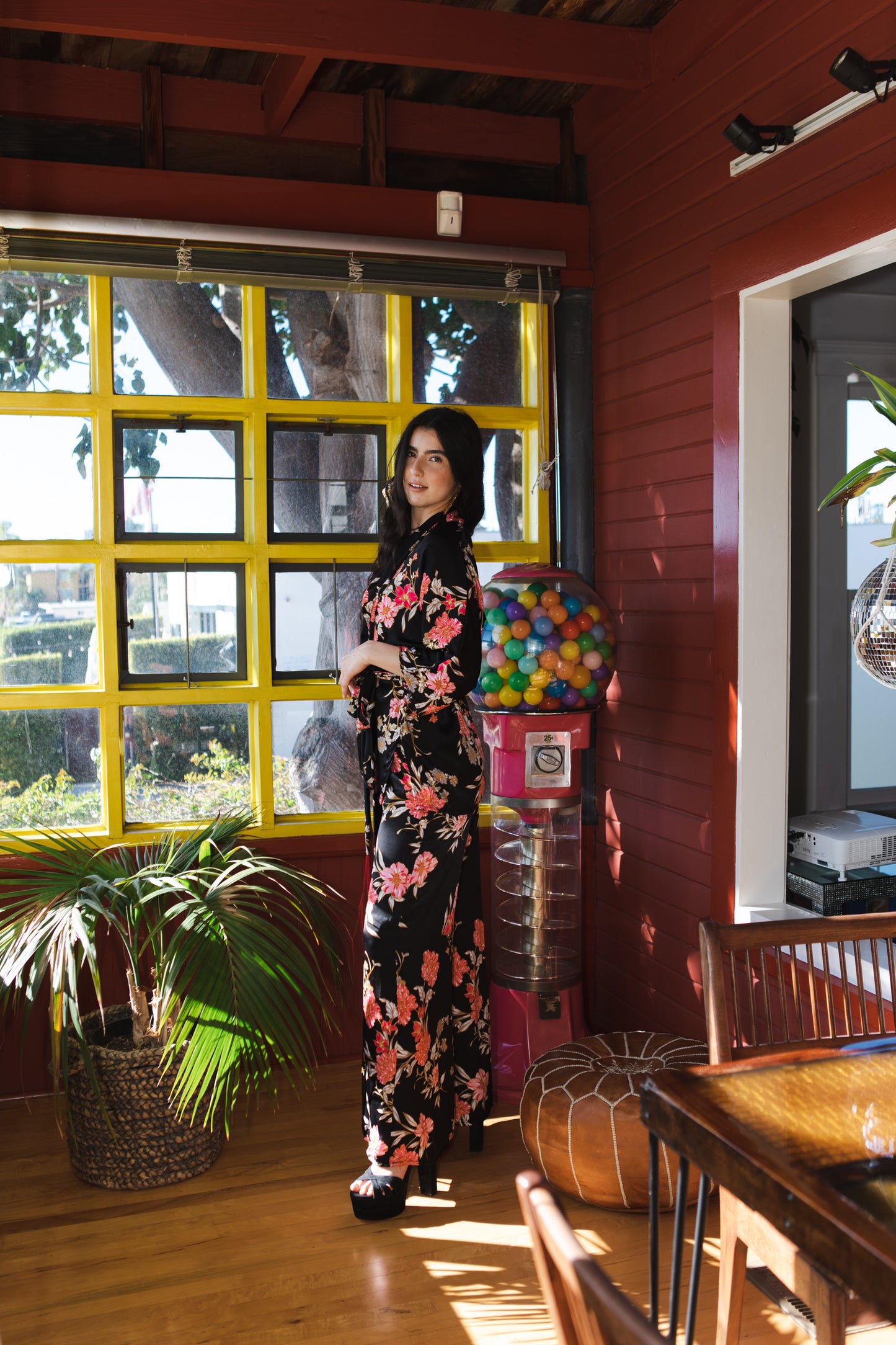 jennafer grace Harlowe dolman palazzo set silky black georgette with vibrant pink red orange floral print matching co-ord coord set wrap blouse top with tasseled belt and palazzo pant with pockets and elastic waist boho bohemian hippie romantic whimsical glamorous pajamas pjs glam lounge wear handmade in california usa