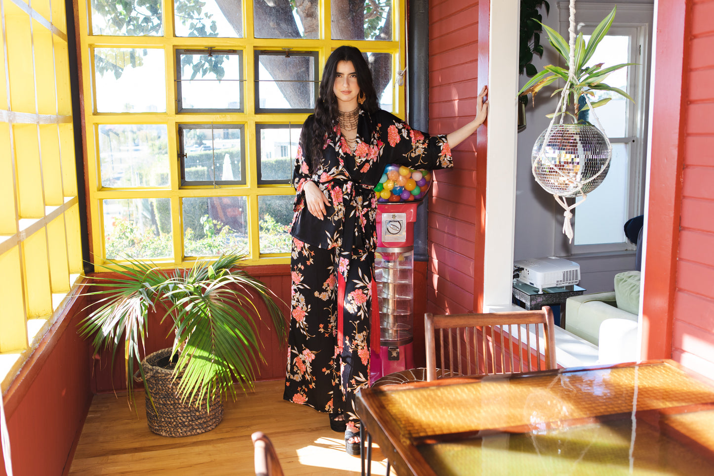 jennafer grace Harlowe dolman palazzo set silky black georgette with vibrant pink red orange floral print matching co-ord coord set wrap blouse top with tasseled belt and palazzo pant with pockets and elastic waist boho bohemian hippie romantic whimsical glamorous pajamas pjs glam lounge wear handmade in california usa