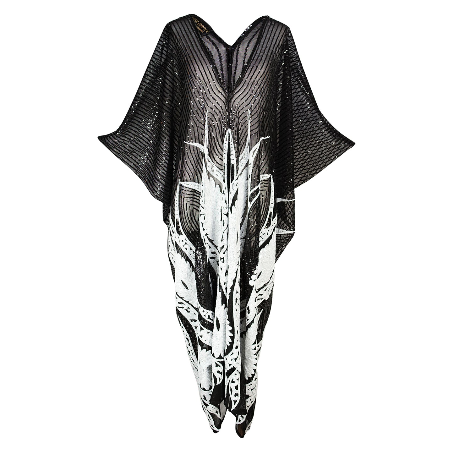 jennafer grace Hellfire Ivory caftan black mesh white abstract flame print embellished sequin kaftan mumu shift dress coverup casual boho bohemian hippie beach resort spa lounge loungewear layering unisex handmade in California USA