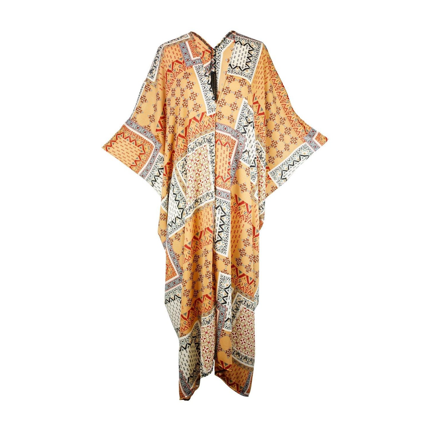 caftan mumu shift dress coverup colorful vibrant orange white patchwork scarf print boho bohemian hippie beach resort spa lounge loungewear layering unisex handmade