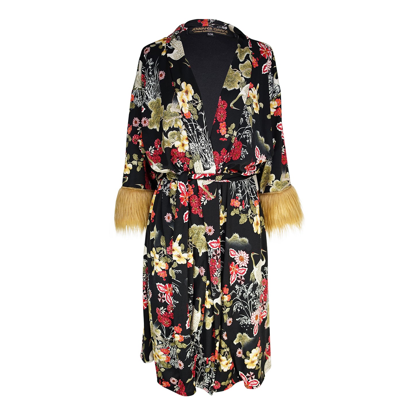 jennafer grace Heron Garden Faux Fur Koi Kimono black floral tan faux fur cuffs duster jacket retro 90s revival boho bohemian romantic whimsical old hollywood glam kimono unisex handmade in California USA