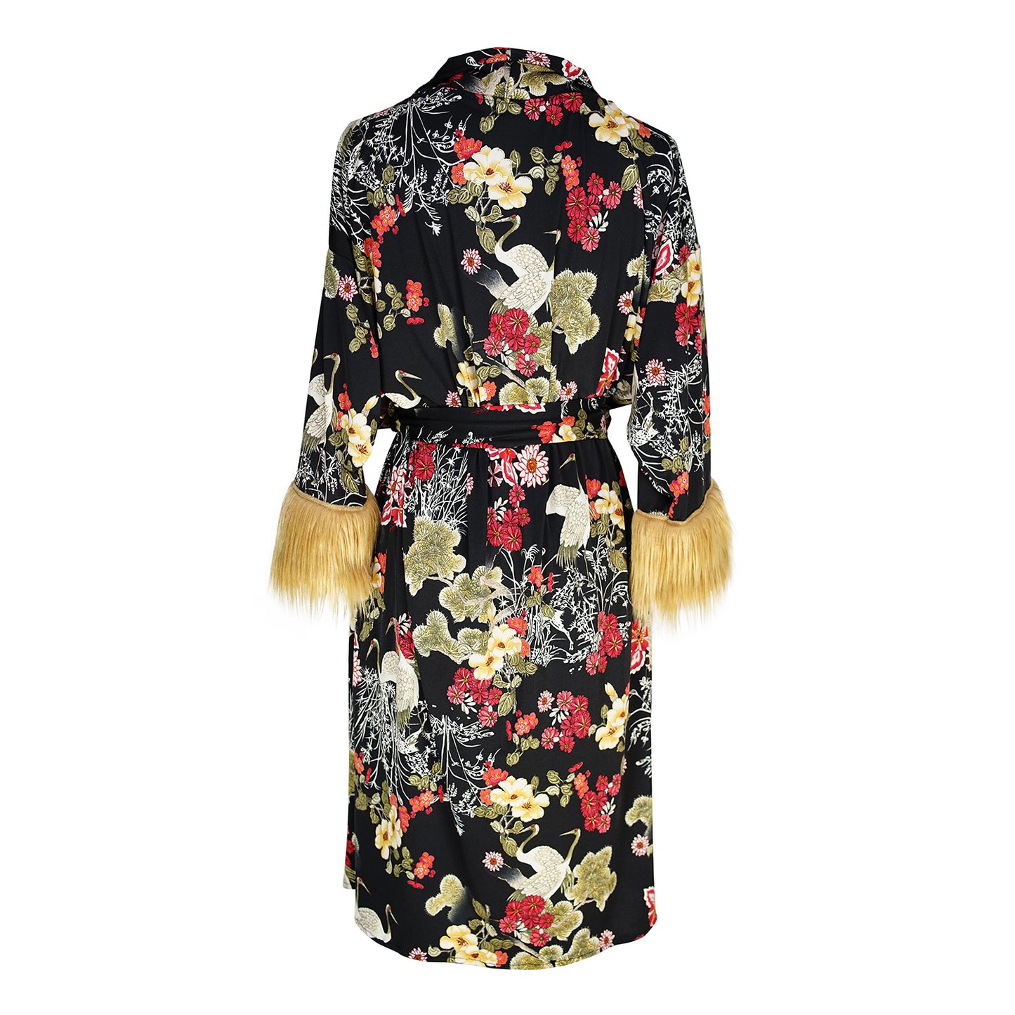 jennafer grace Heron Garden Faux Fur Koi Kimono black floral tan faux fur cuffs duster jacket retro 90s revival boho bohemian romantic whimsical old hollywood glam kimono unisex handmade in California USA