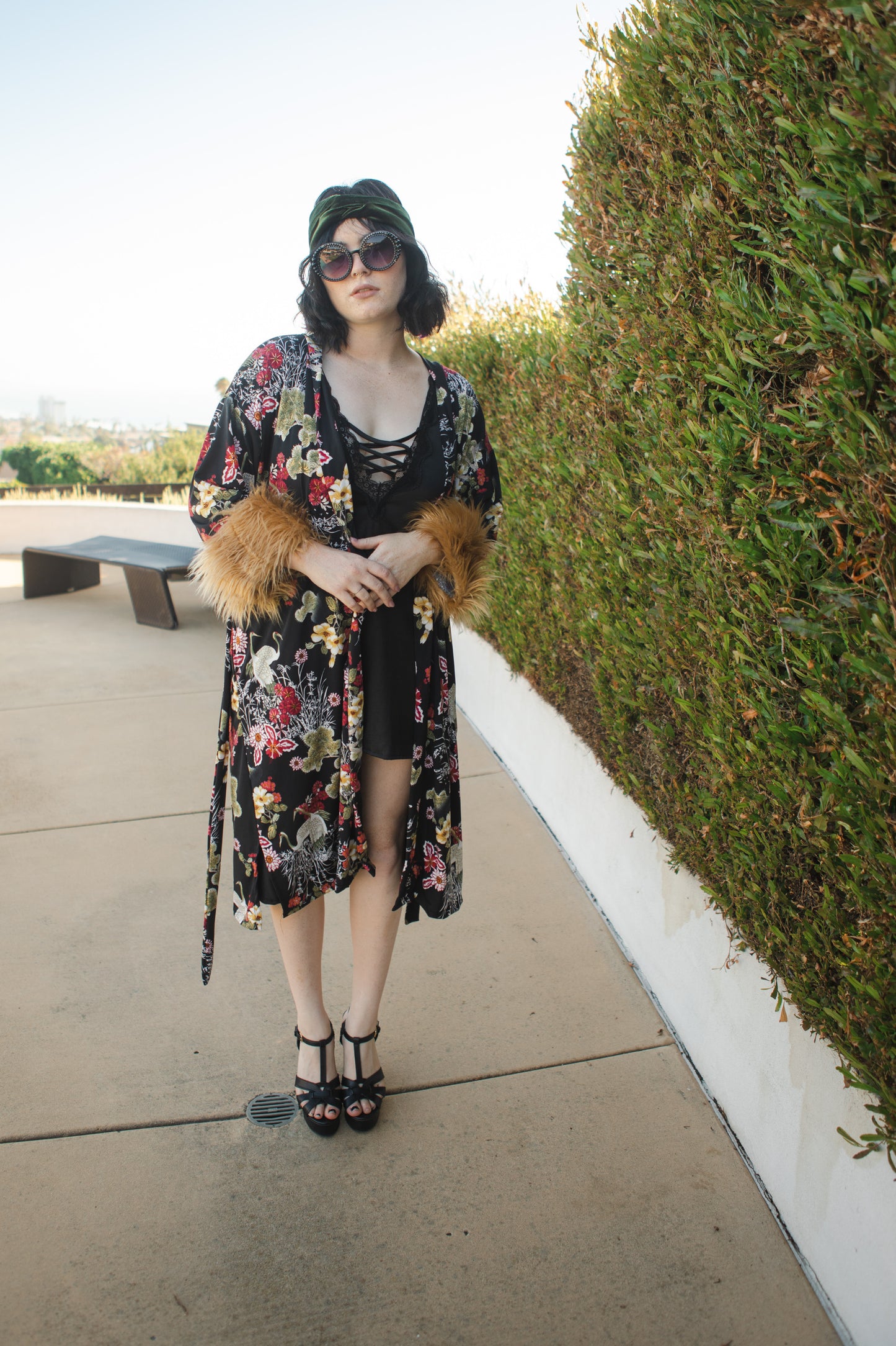jennafer grace Heron Garden Faux Fur Koi Kimono black floral tan faux fur cuffs duster jacket retro 90s revival boho bohemian romantic whimsical old hollywood glam kimono unisex handmade in California USA