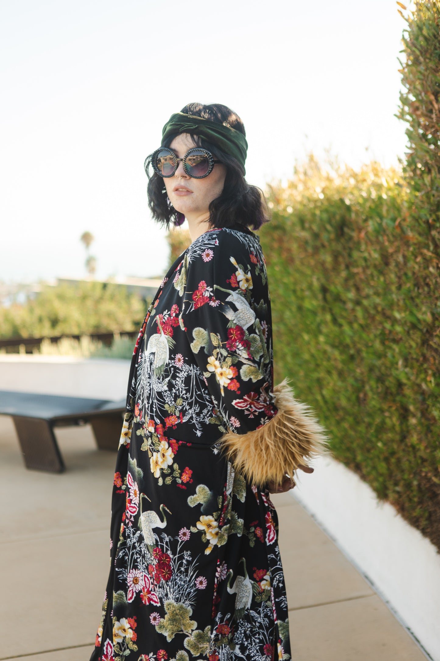 jennafer grace Heron Garden Faux Fur Koi Kimono black floral tan faux fur cuffs duster jacket retro 90s revival boho bohemian romantic whimsical old hollywood glam kimono unisex handmade in California USA