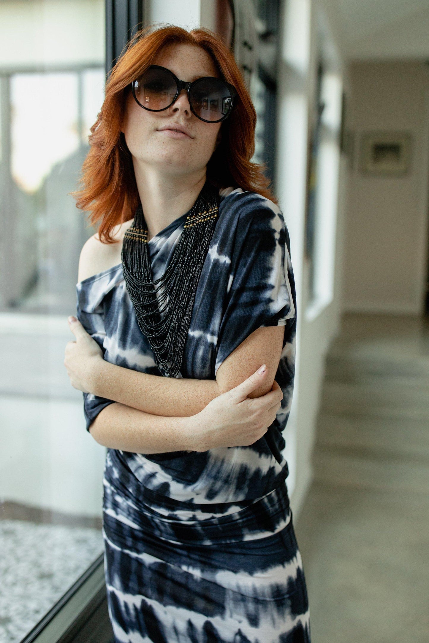 jennafer grace caicos angle dress summer evening wear cocktail off shoulder one shoulder boat neck simple sexy navy blue white tie dye tie-dye tiedye nautical boho bohemian hippie handmade