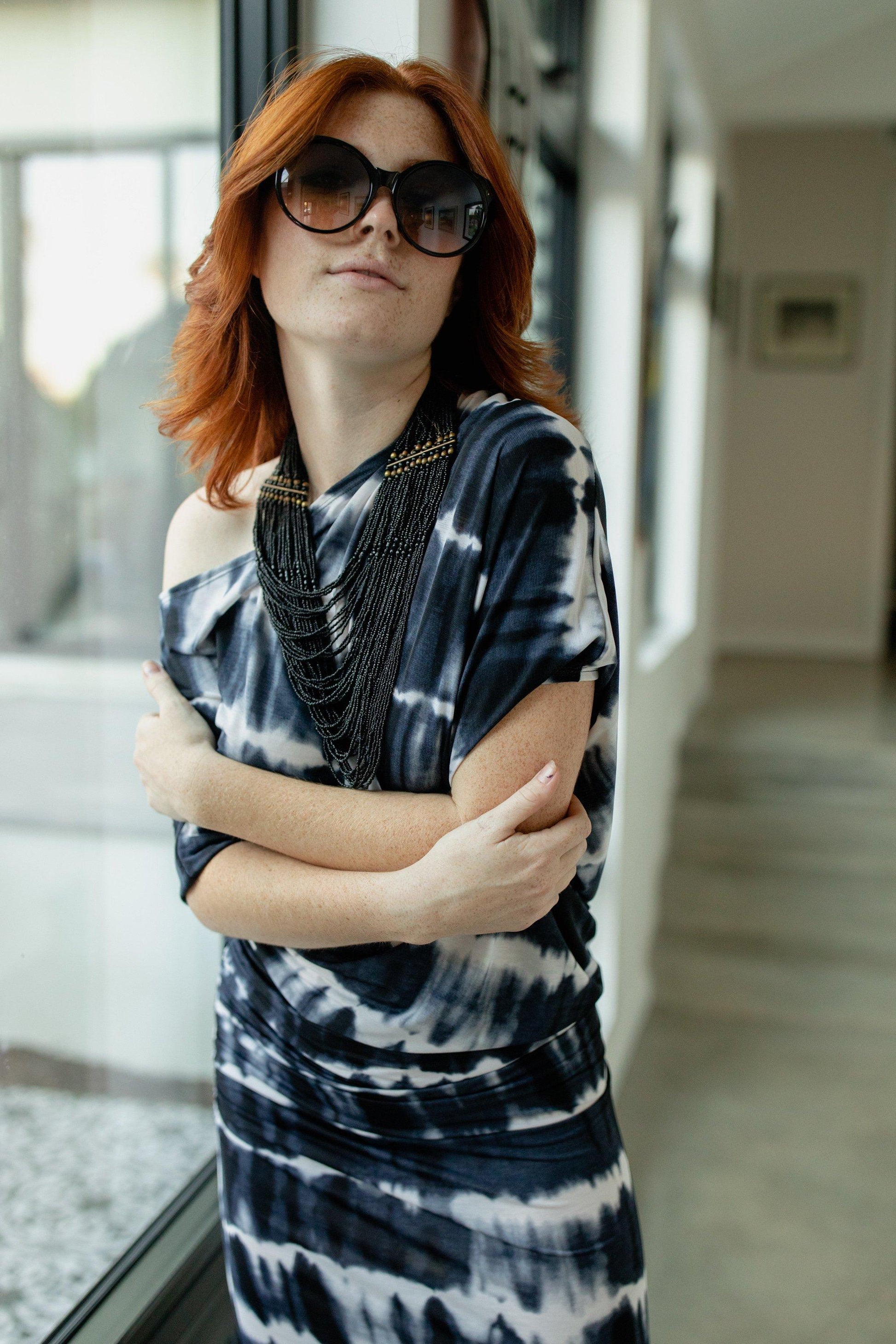 jennafer grace caicos angle dress summer evening wear cocktail off shoulder one shoulder boat neck simple sexy navy blue white tie dye tie-dye tiedye nautical boho bohemian hippie handmade