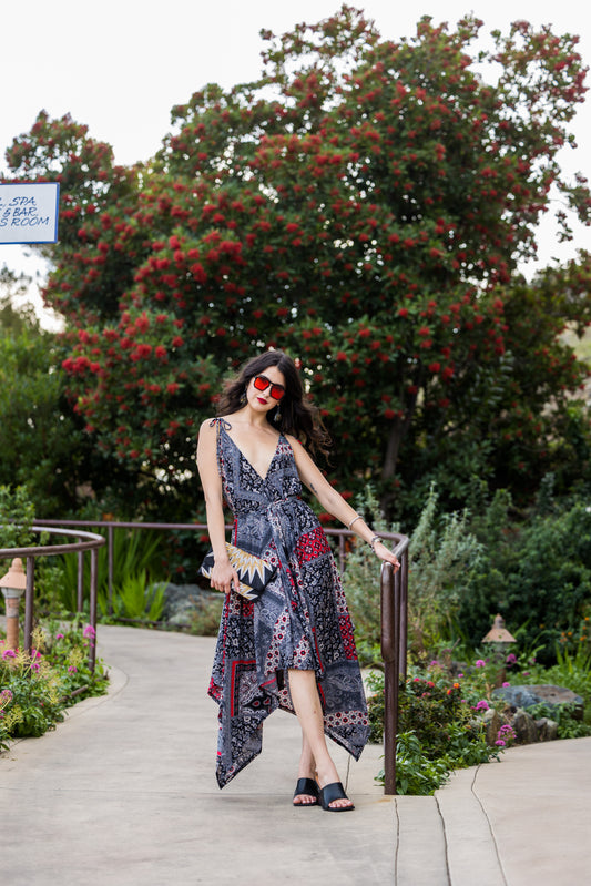 jennafer grace Lucia Rouge Scarf Dress black red bandana paisley scarf print bohemian boho hippie empire waist summer dress summery flowy resort holiday coverup handmade in California USA