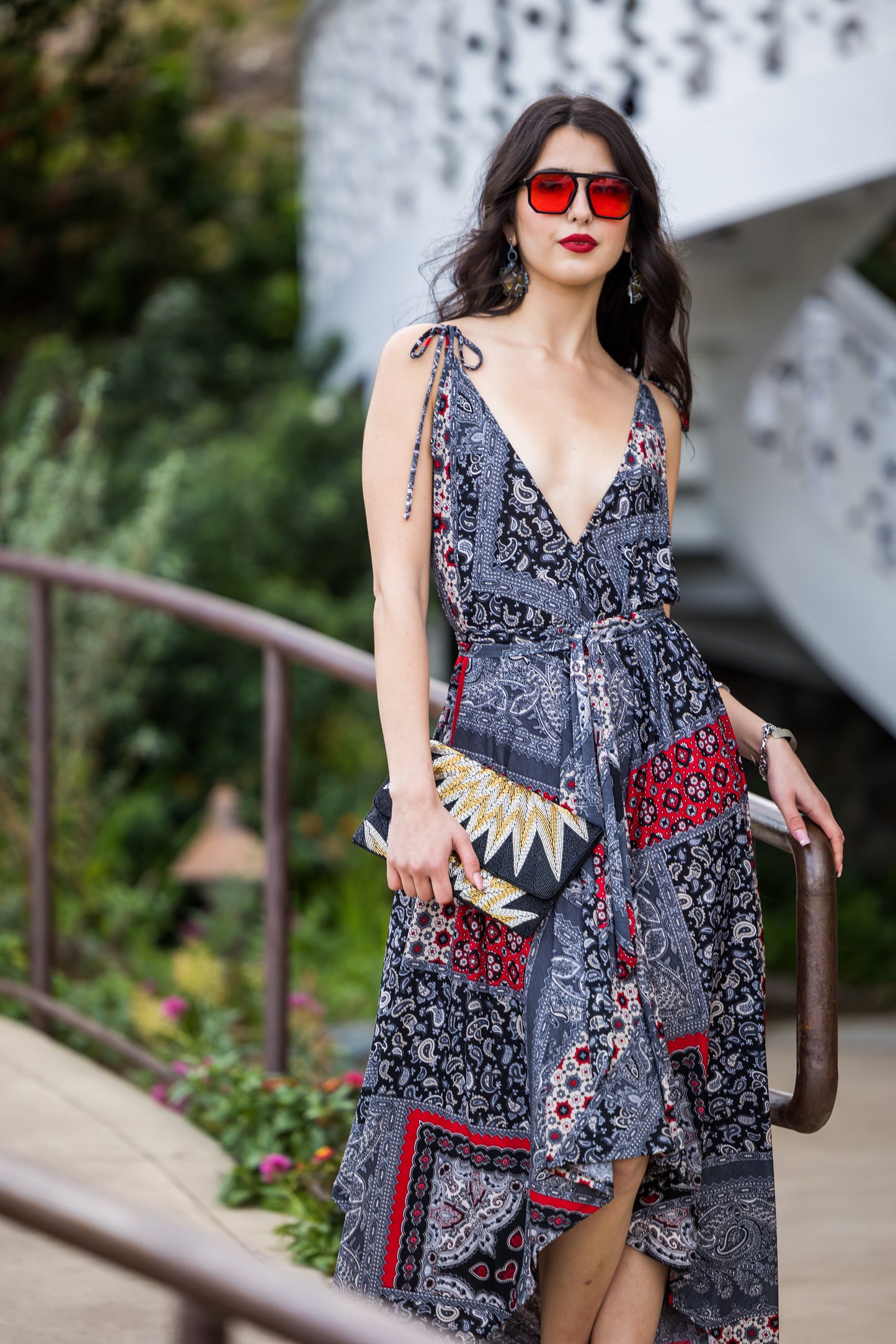 jennafer grace Lucia Rouge Scarf Dress black red bandana paisley scarf print bohemian boho hippie empire waist summer dress summery flowy resort holiday coverup handmade in California USA