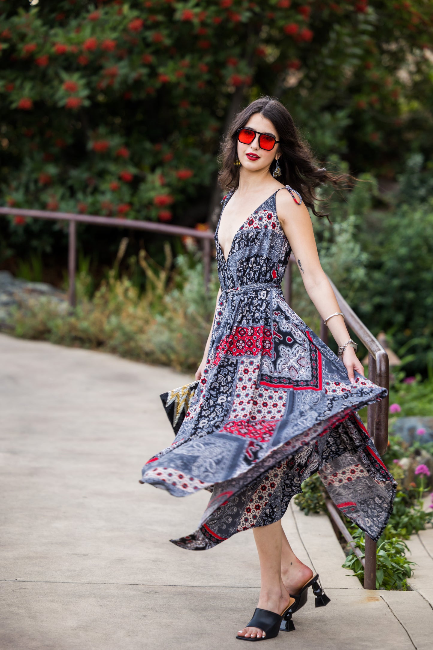 jennafer grace Lucia Rouge Scarf Dress black red bandana paisley scarf print bohemian boho hippie empire waist summer dress summery flowy resort holiday coverup handmade in California USA