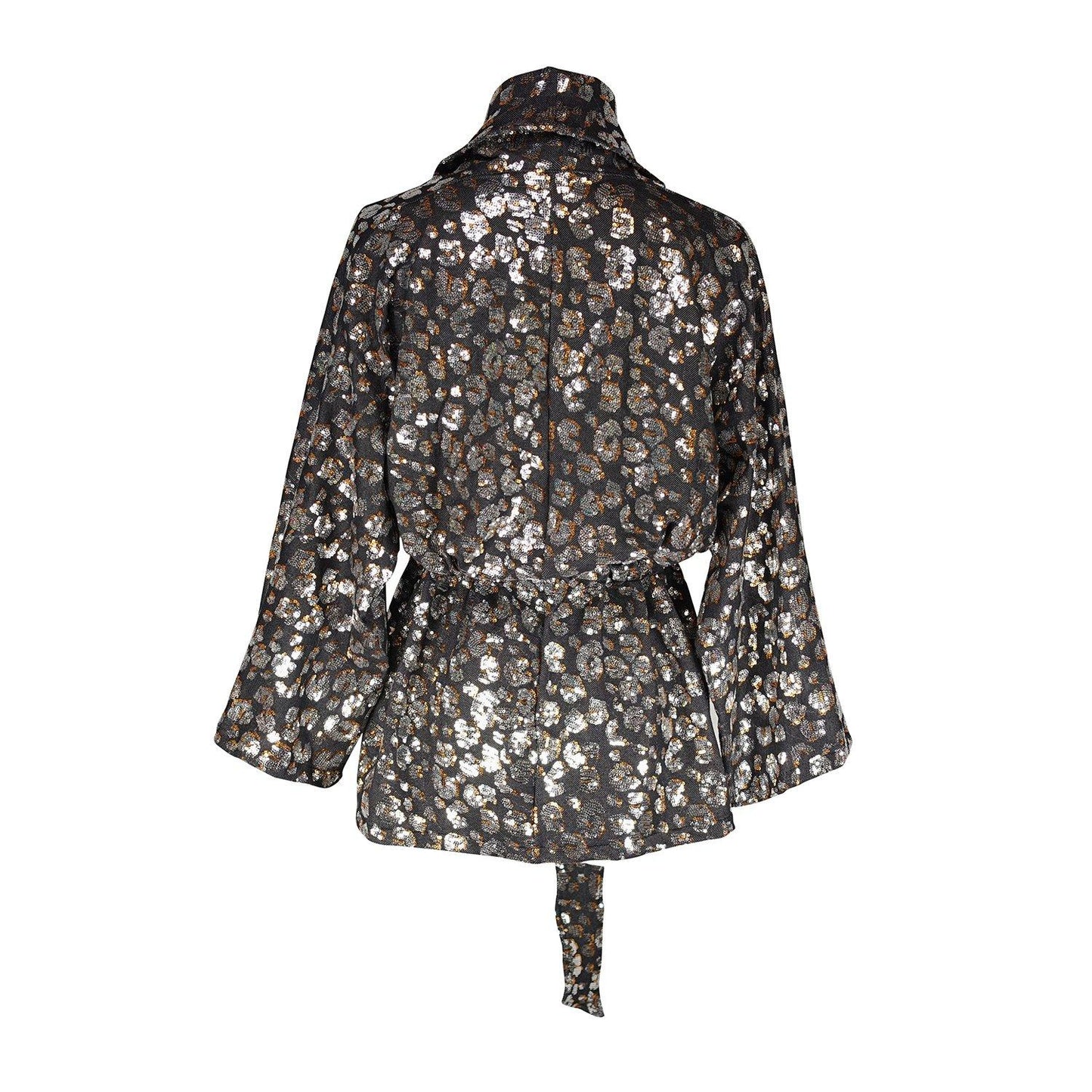 jennafer grace dolman wrap kimono top sequin sequinned leopard cheetah animal print denim denim-look blouse shirt glam rock cocktail party boho bohemian unisex handmade